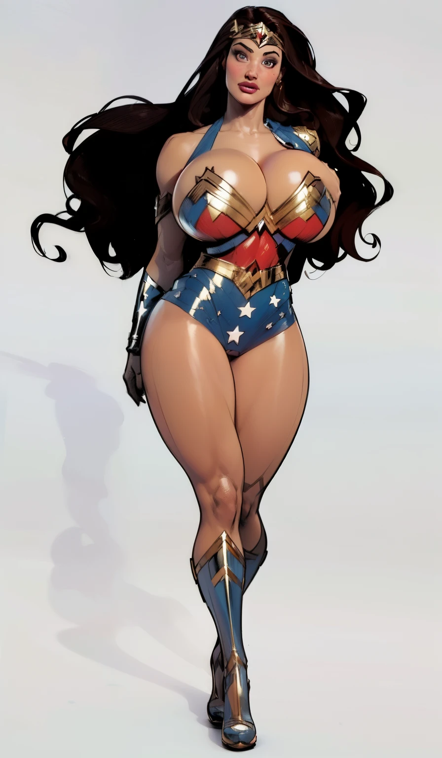 (wonder woman), (((Masterpiece:1.4))), (Very detailed: 2), (Beautiful: 2), (giant breast:1.5), (Long wavy dark hair: 1.6),((Masterpiece)), Highly detailed, Perfect, (Hanging black bikini:1.1), ((Cool color palette:1.3)), (full body view), ((full - body:1.7)), (Bimbo:1.4),