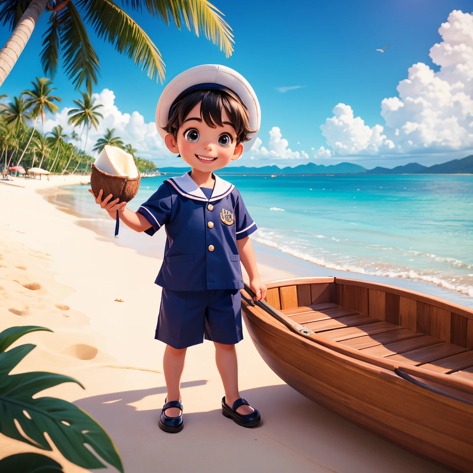 "Happy 5 year old child, holding a beautiful toy boat, dressed in an adorable naval sailor outfit, big smile, standing on a sunny beach surrounded by the biggest coconut trees, happy and playful atmosphere. --v 5 --ar 16: 9 --q 1.5"