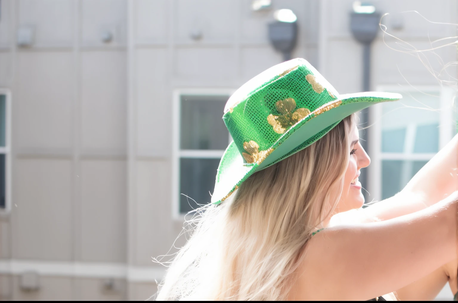 two women in green hats are standing on a balcony, wearing green tophat, green hat, looking off to the side, woman holding another woman, rooftop party, wearing green clothing, 🤬 🤮 💕 🎀, green and brown clothes, looking to the side, green halter top, shot from the side, wearing elaborate green and gold, shot on 85mm