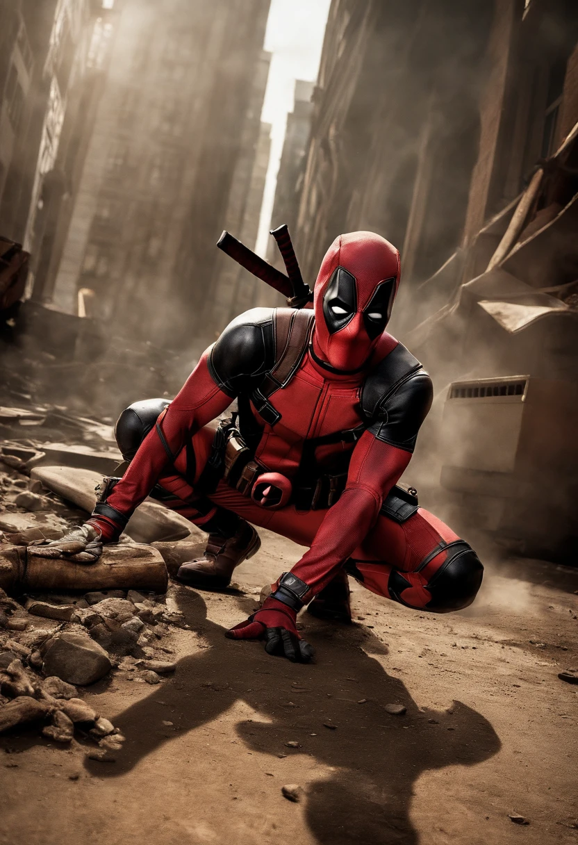 Deadpool dressed as a superhero, saving a group of children from a burning building,Deadpool,Deadpool, the unconventional anti-hero from Marvel Comics, is known for his distinctive red and black suit, complete with a mask that covers his entire face, hiding his disfigured skin caused by advanced cancer and experimental healing factor. His appearance is athletic and agile, suitable for his acrobatic fighting style.