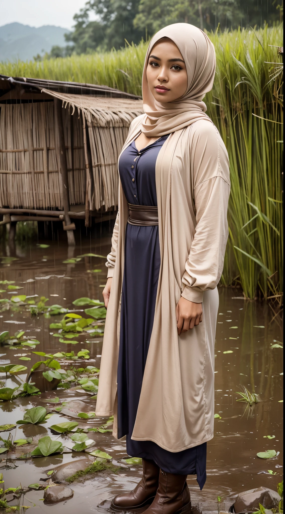 RAW, Best quality, high resolution, masterpiece: 1.3), beautiful Malay woman in hijab (iu:0.8),cleavage, RAW, Best quality, high resolution, Masterpiece: 1.3, Beautiful  hijabi malay girl, Masterpiece, Soft smile,Beautiful Malay women wear hijab in rice paddy, bright sunshine, ankle length dress, shawl, long sleeved shirt, bright clothing, dark skin, highres,4k,HDR,1girl, photorealistic, realistic,sweat skin, thin face, big breast, perfeck make up, big eyes, glossy lips, soft smile, thick sexy body, cleavage, portrait, cinematic, realistic, photo, standing in a rice field, dirt on clothes, mud on boots, raining heavily, wet body, raining heavily,