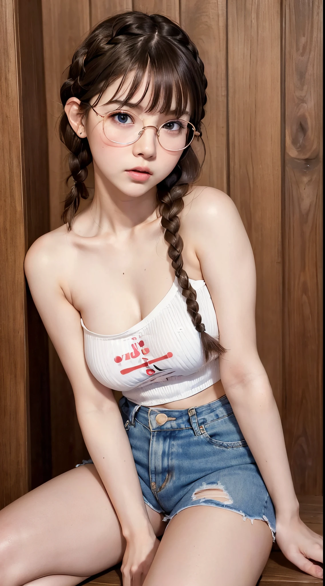 1womanl,Brown hair, japanes,((Impatient expression)),Beautiful breasts,((White Tube Top T-Shirt,falda corta)),slender style,,(Facing the front)(((Blushing cheeks、Surprised look)),(((Braids))),((( Portrait on the knee)))Frameless glasses,Blue eyes,(((Bangs are aligned)))(())
