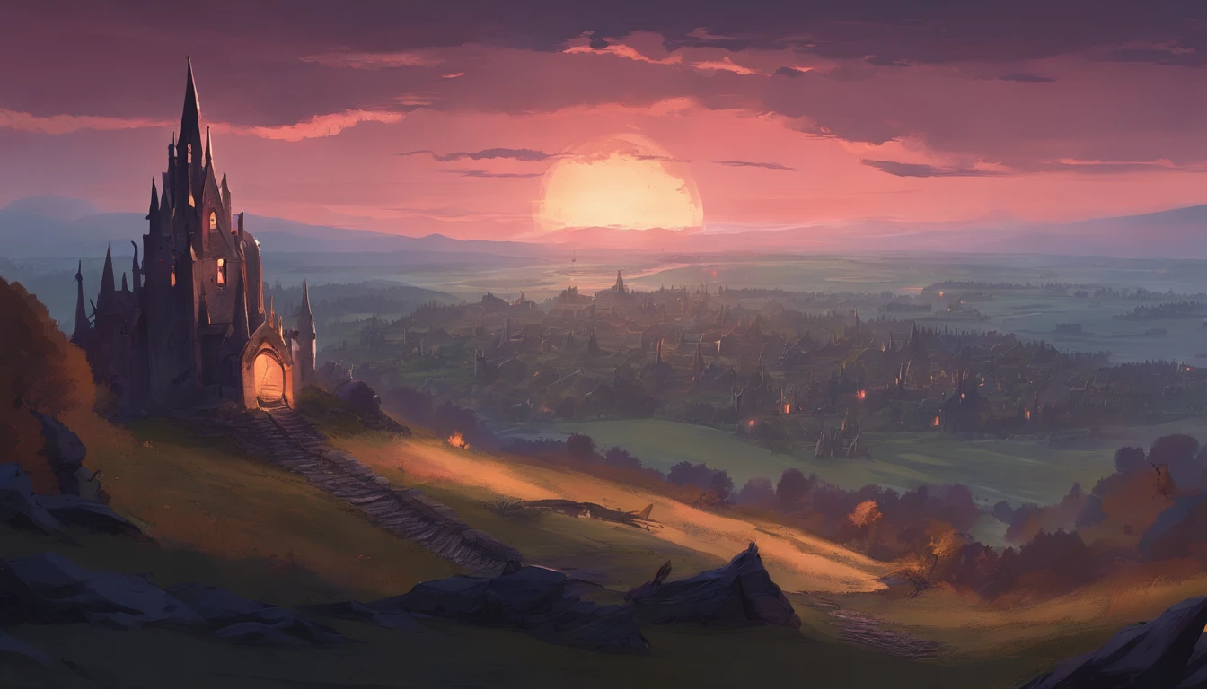 hill overlooking dusk sky and massive graveyard in a medieval fantasy world