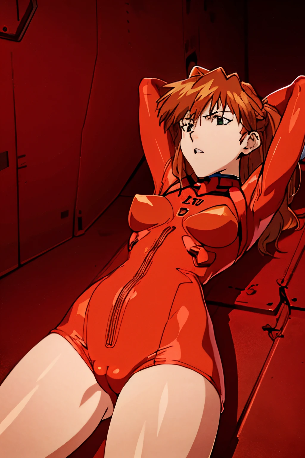 young asuka in her red plugsuit gangraped group sex forced violent pinned down, asuka has red orange hair and looks like a young german woman , 1girl multiple boys bukkake, dark undertones, explicit scenes, sci-fi dark cinematic lighting, anime, 90s anime, retro