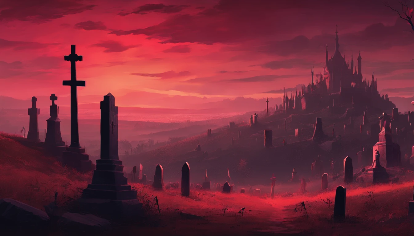 hill overlooking dusk red sky and massive graveyard with many tombstones and crosses in a medieval fantasy world