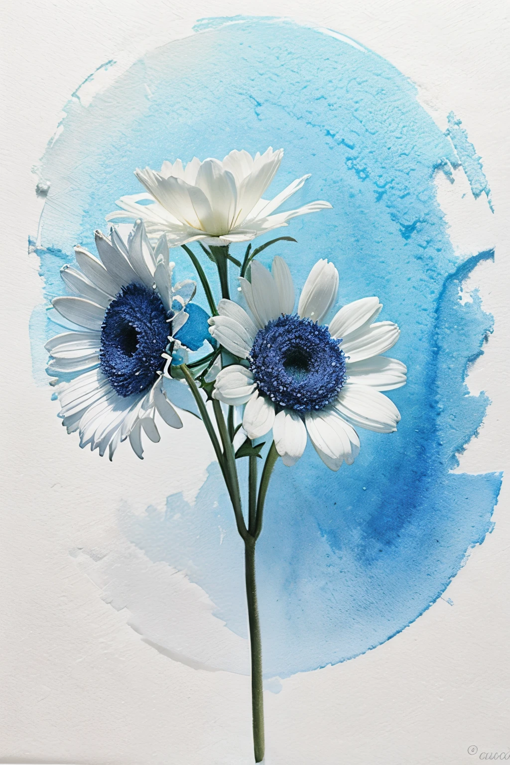 foto realista com fundo aquarelado branco e azul claro, with several pixar-like blue and white 3D flowers
