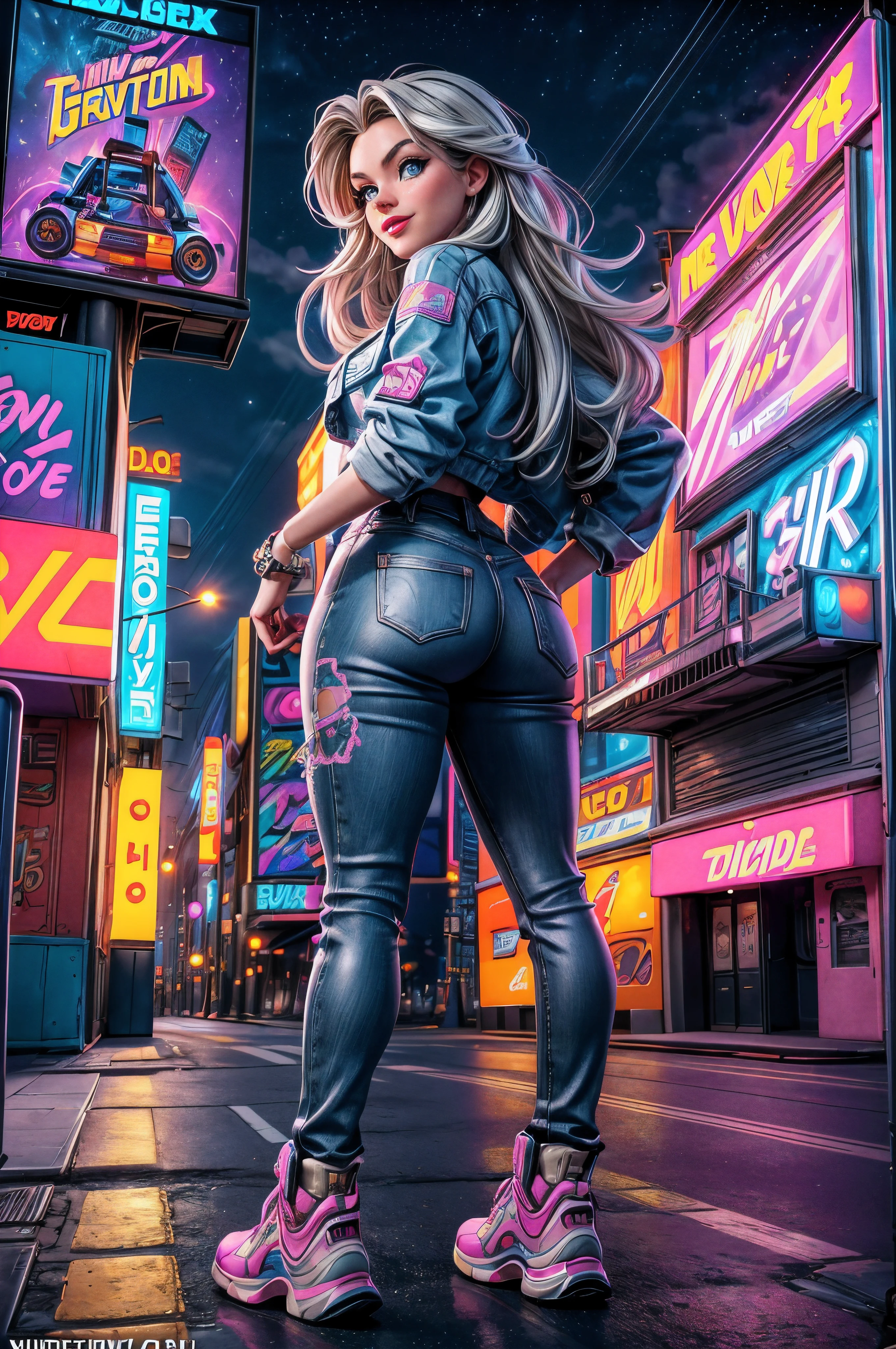 (best quality,4k,highres:1.2),ultra-detailed,(realistic:1.37),a girl traveling through time in a vibrant 1990's scene,detailed eyes and face,longeyelashes, long legs, ample shapely backside, 90s hairstyle,stylish outfit,wide smile,bright red lipstick,blue eyes, stylish colorful hair, standing in front of a shiny silver Delorean,time-traveling car, bright neon lights illuminating the surroundings,cityscape with tall buildings and bustling streets,graffiti-covered walls reflecting the urban culture,colorful street art in the background,retro arcade machines and posters lining the sidewalks,twinkling stars decorating the night sky,flashing billboard advertisements showcasing the latest '90s trends,a mix of vibrant colors and bold patterns,pop culture references scattered throughout the scene,"Back to the Future" movie references and easter eggs hidden in the environment. ((((Movie Poster))))