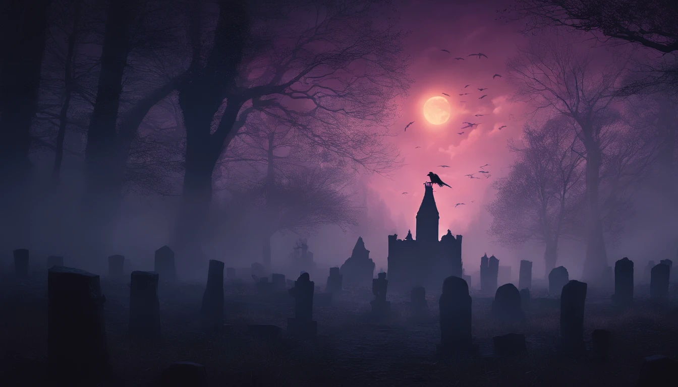 (best quality,4k,8k,highres,masterpiece:1.2),ultra-detailed,(realistic,photorealistic,photo-realistic:1.37),hill overlooking dark ominous dusk sky and massive graveyard with many tombstones and crosses in a medieval fantasy world,moody atmosphere,ethereal beauty,misty silhouette of a castle on the hill,aged stone texture,creepy nature,the wind whispering through the trees,desolate surroundings,thick fog rolling in,pine trees in the distance creating a sense of depth,dramatic lighting casting long shadows,hauntingly beautiful sunset colors,purple hue illuminating the scene,lightning striking in the distance,illuminating the dark clouds,creating an eerie glow on the tombstones,gloomy feeling,peaceful silence interrupted by the occasional caw of a raven,mysterious figures wandering among the graves,mystical aura,ancient magic seeping through the air,echoes of the past,whispering secrets of forgotten times,majestic and imposing presence of the castle,standing as a symbol of power and mystery,dark secrets waiting to be discovered,balancing between beauty and darkness,a scene that transports you to a different world,a painting that captures the essence of a medieval fantasy.