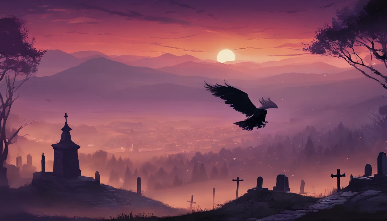 (best quality,4k,8k,highres,masterpiece:1.2),ultra-detailed,(realistic,photorealistic,photo-realistic:1.37),hill overlooking dark ominous dusk sky and massive graveyard with many tombstones and crosses in a medieval fantasy world,moody atmosphere,ethereal beauty,misty silhouette of a castle on the hill,aged stone texture,creepy nature,the wind whispering through the trees,desolate surroundings,thick fog rolling in,pine trees in the distance creating a sense of depth,dramatic lighting casting long shadows,hauntingly beautiful sunset colors,purple hue illuminating the scene,lightning striking in the distance,illuminating the dark clouds,creating an eerie glow on the tombstones,gloomy feeling,peaceful silence interrupted by the occasional caw of a raven,mysterious figures wandering among the graves,mystical aura,ancient magic seeping through the air,echoes of the past,whispering secrets of forgotten times,majestic and imposing presence of the castle,standing as a symbol of power and mystery,dark secrets waiting to be discovered,balancing between beauty and darkness,a scene that transports you to a different world,a painting that captures the essence of a medieval fantasy.