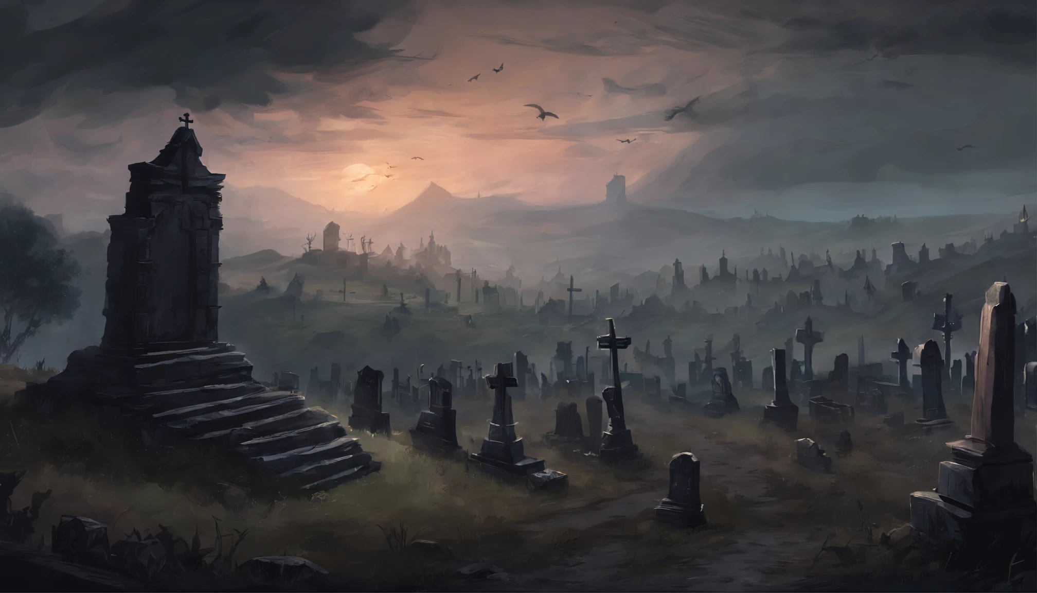 hill overlooking dark ominous dusk sky and massive graveyard with many tombstones and crosses in a medieval fantasy world