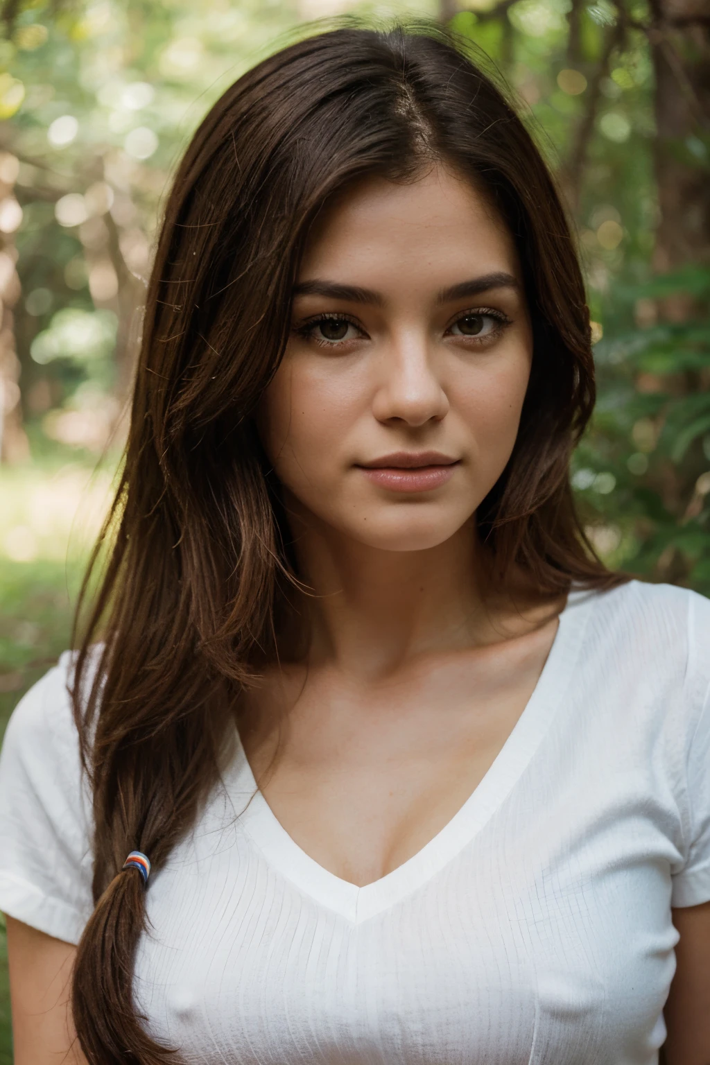 Brazos a los lados, retrato, Closeup, Looking at camera, La mejor calidad, Parte superior del cuerpo, camisa, Mujer en el bosque, nikon d850, film stock, photograph 4 kodak 400 camera f1.6 lens rich colors hyper realistic lifelike texture natural lighting trending on artstation cinestill 800, (Lente de 100 mm), Cabello largo