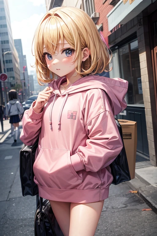 ***** anime girl with blonde hair and pink hoodie + scholar background