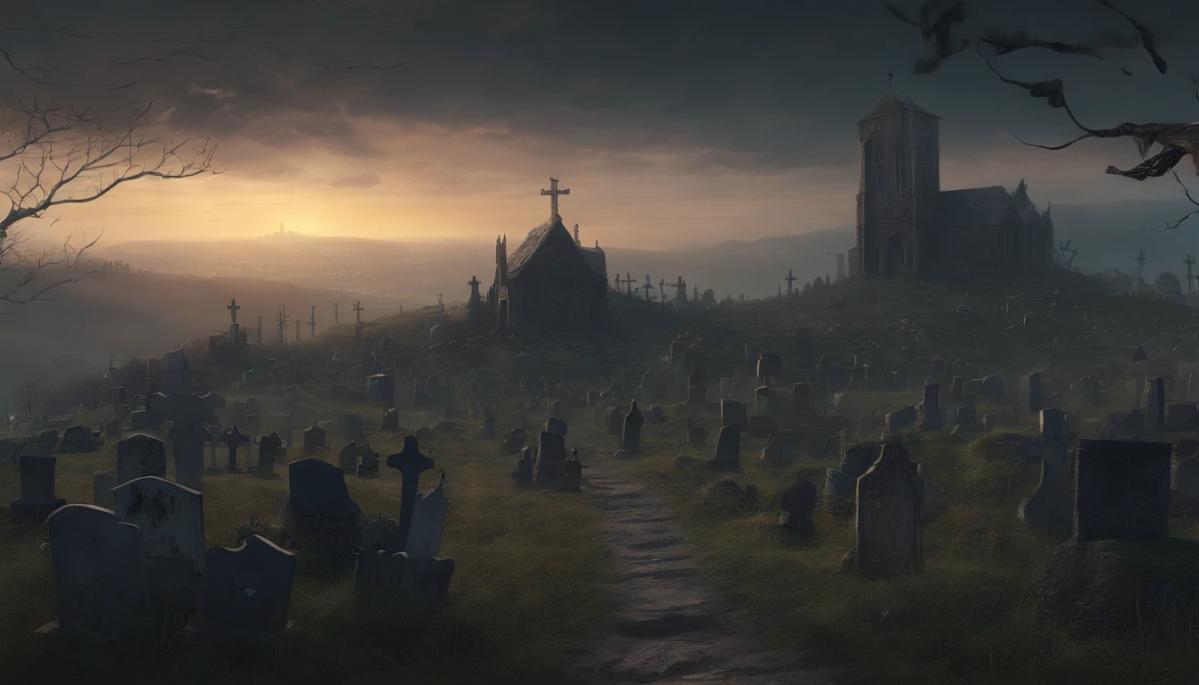 (best quality,4k,8k,highres,masterpiece:1.2),ultra-detailed,(realistic,photorealistic,photo-realistic:1.37), hill overlooking dark ominous dusk sky and massive graveyard with many tombstones and crosses in a medieval fantasy world