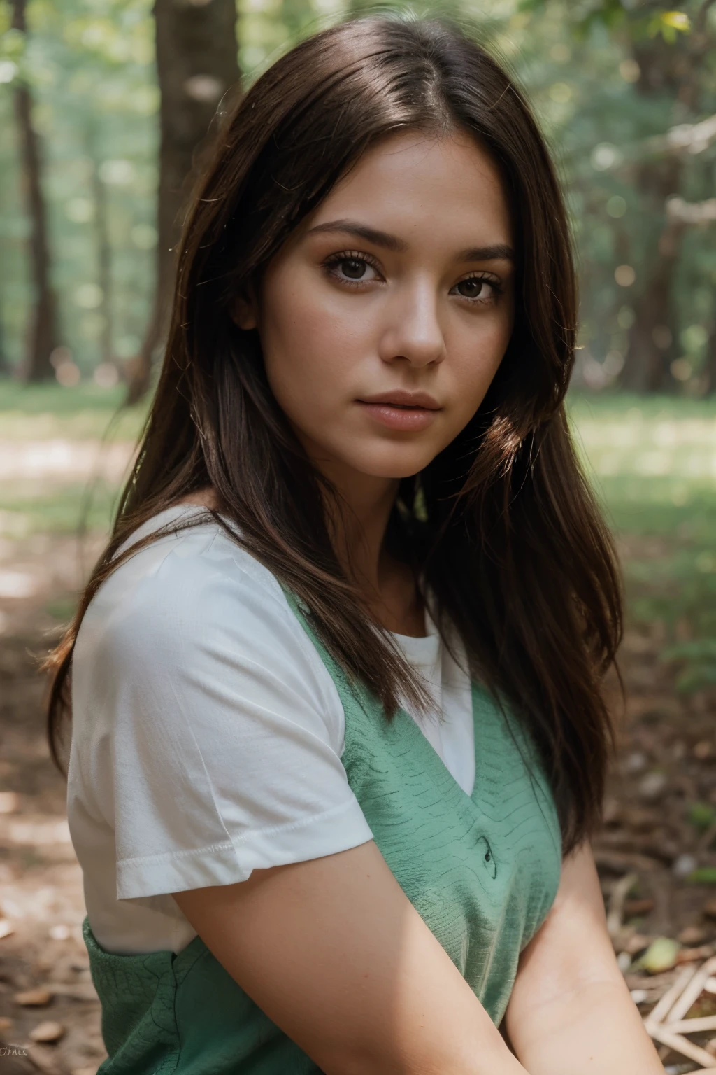 Mujer en el bosque, Cabello largo, Brazos a los lados, Parte superior del cuerpo,  camisa blanca,  retrato, Closeup, Looking at camera, La mejor calidad, nikon d850, film stock, photograph 4 kodak 400 camera f1.6 lens, cinestill 800, (Lente de 100 mm),  rich colors ,hyper realistic, lifelike, texture, natural lighting, trending on artstation,