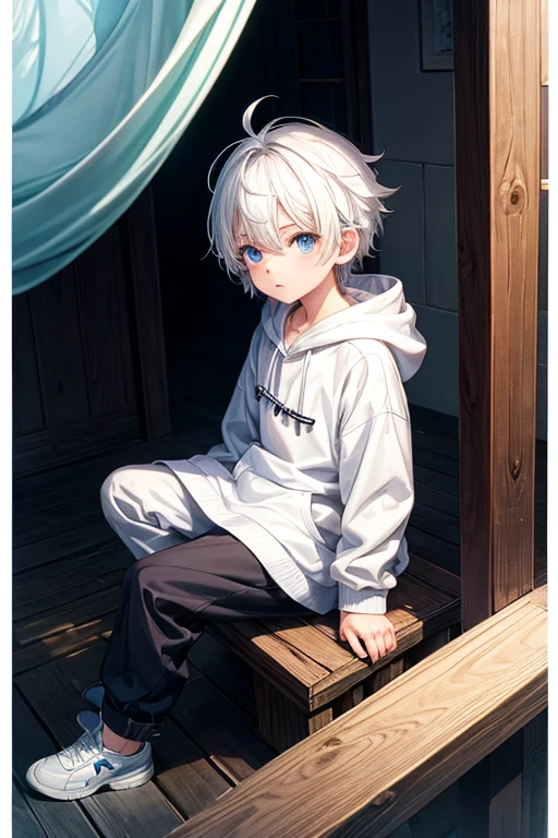 Child anime boy with white hair and white hoodie + scholar background