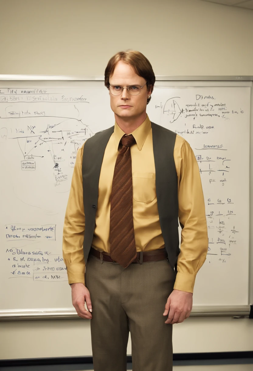 A photo of Dwight standing in front of a whiteboard, explaining a complex mathematical equation.,The Office,Dwight Schrute, another character from “The Office,” is known for his distinct, somewhat antiquated appearance: a stern expression, a rigid, formal posture, and usually dressed in a mustard-colored shirt and dark tie. His hairstyle is severe and practical, matching his no-nonsense attitude.
