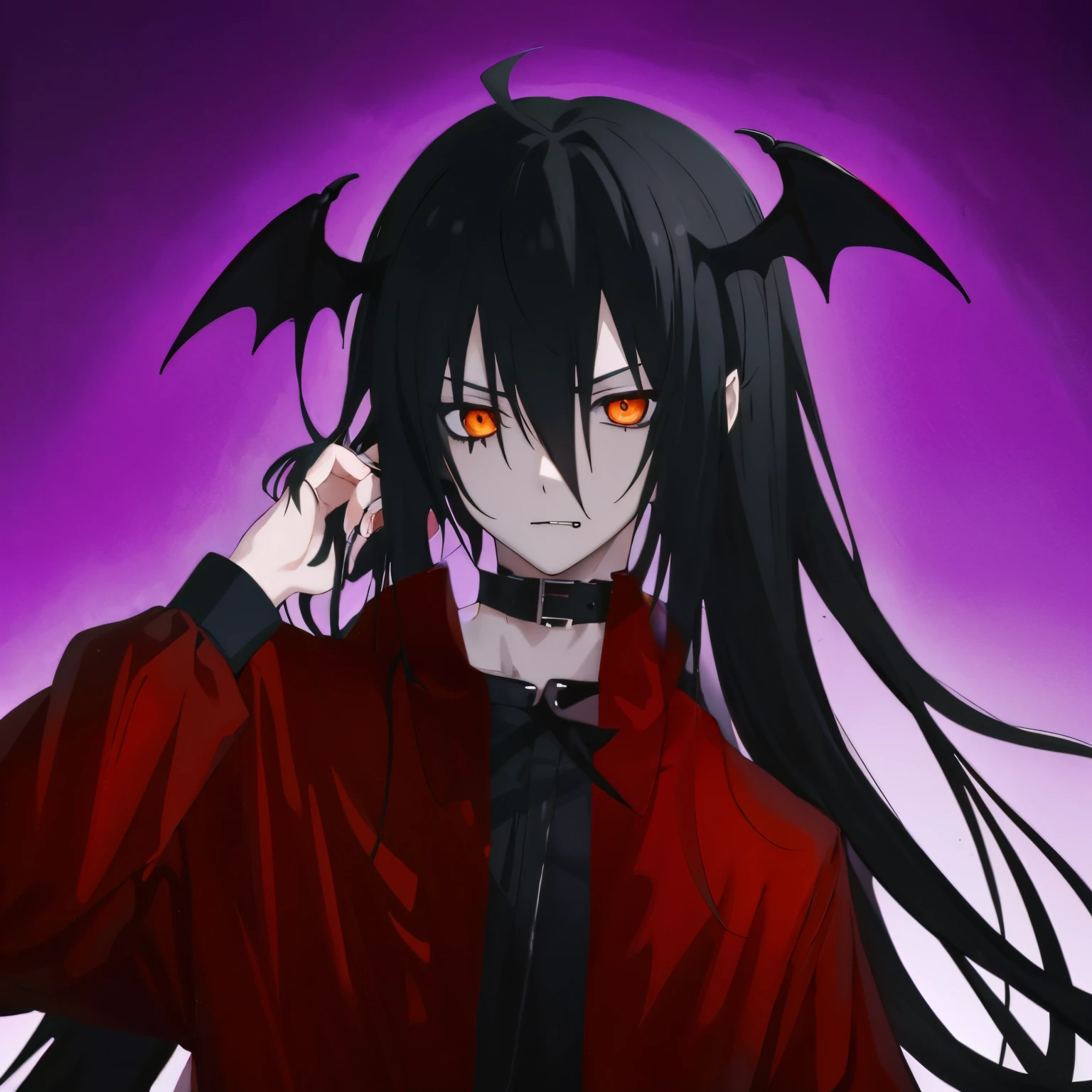 anime boy with long black hair, Red jacket, and black dress with bats on her head, l vampire, demon anime boy , anime vampires, 1 7 - year - old anime goth girl, gothic maiden anime boy, helltaker, gapmoe yandere grimdark, vampire, portrait gapmoe yandere grimdark, by Jin Homura, dark vampire, anime monster boy, as a vampire metalhead