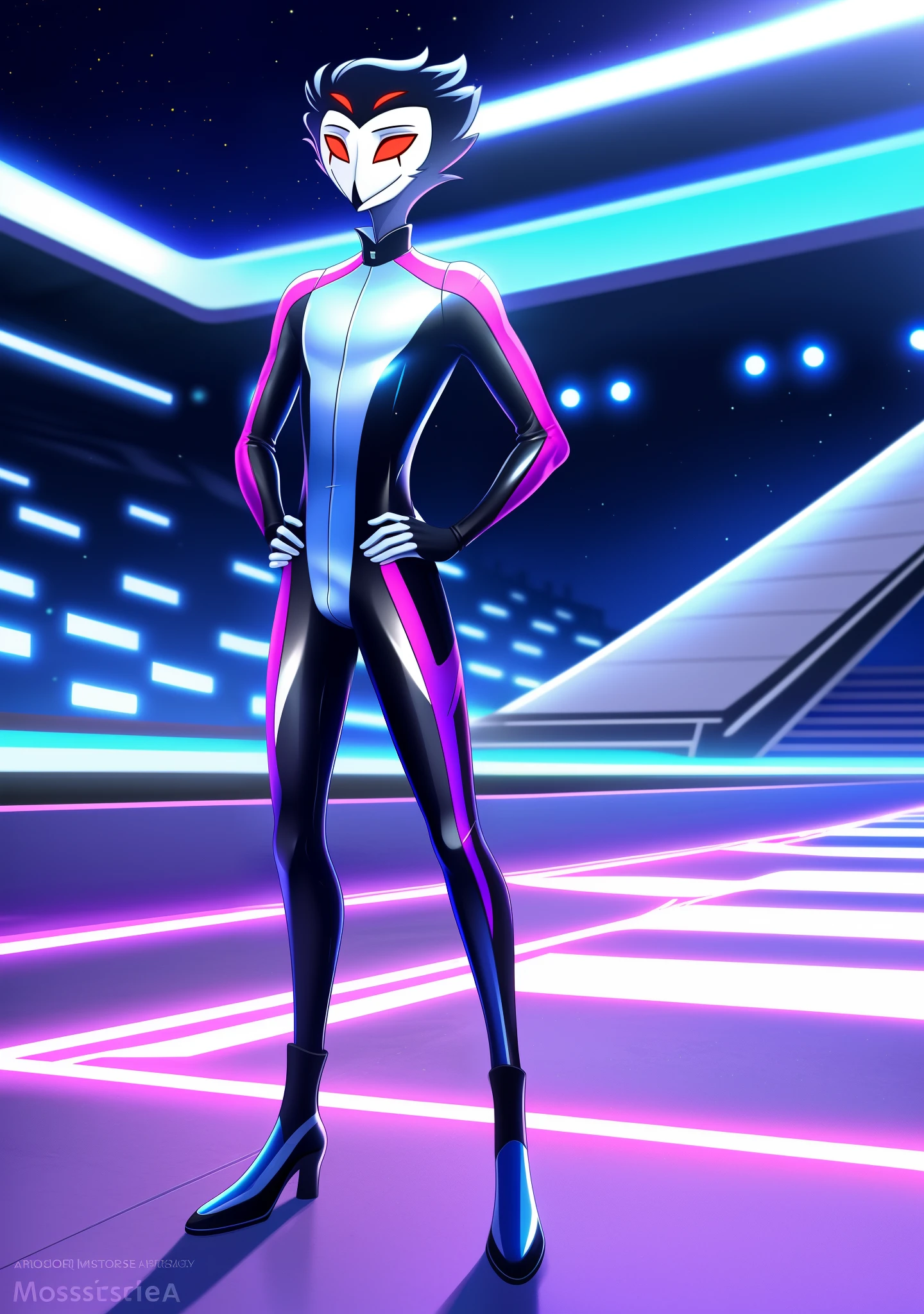((masterpiece)), ((8k quality)), (no watermark), stolas, male, mouth closed, detailed race track background, standing, one hand on hip, other hand at side, (solo:1.4), sleek, ((shiny)) futuristic ((full body)) racing suit