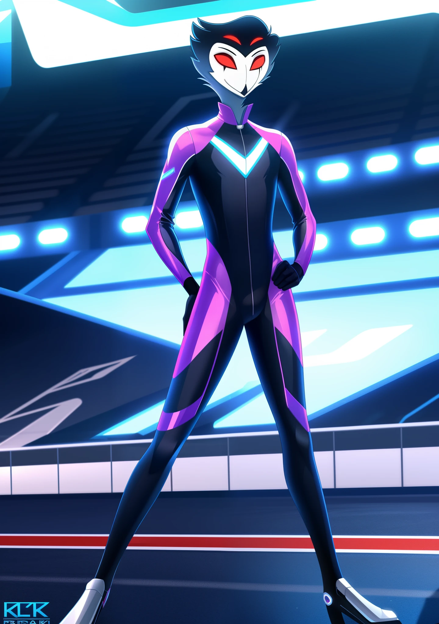 ((masterpiece)), ((8k quality)), (no watermark), stolas, male, mouth closed, detailed race track background, standing, one hand on hip, other hand at side, (solo:1.4), sleek, ((shiny)) futuristic ((full body)) racing suit