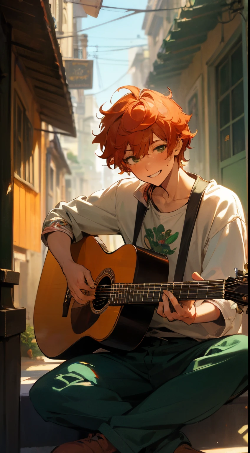 Male character, loco style, golden hour, warm colours, gold temperature, mexican street house, outdoors, 1boy, sitting, playing the guitar, Ed Sheeran outfit, dark orange hair, messy hair, curly male hair, short hair, green eyes, smiling, soft blush, soft, cool, happy, masterpiece, illustration, best quality, professional artwork, digital art, shining, sunshine, best illustration, anime artstyle, ikemen, handsome, beautiful and aesthetic, artistic, pure art, adult, 4k, hd