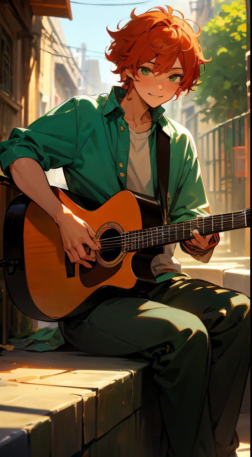 Male character, loco style, golden hour, warm colours, gold temperature, mexican street house, outdoors, 1boy, sitting, playing the guitar, Ed Sheeran outfit, dark orange hair, messy hair, curly male hair, short hair, green eyes, smiling, soft blush, soft, cool, happy, masterpiece, illustration, best quality, professional artwork, digital art, shining, sunshine, best illustration, anime artstyle, ikemen, handsome, beautiful and aesthetic, artistic, pure art, adult, 4k, hd