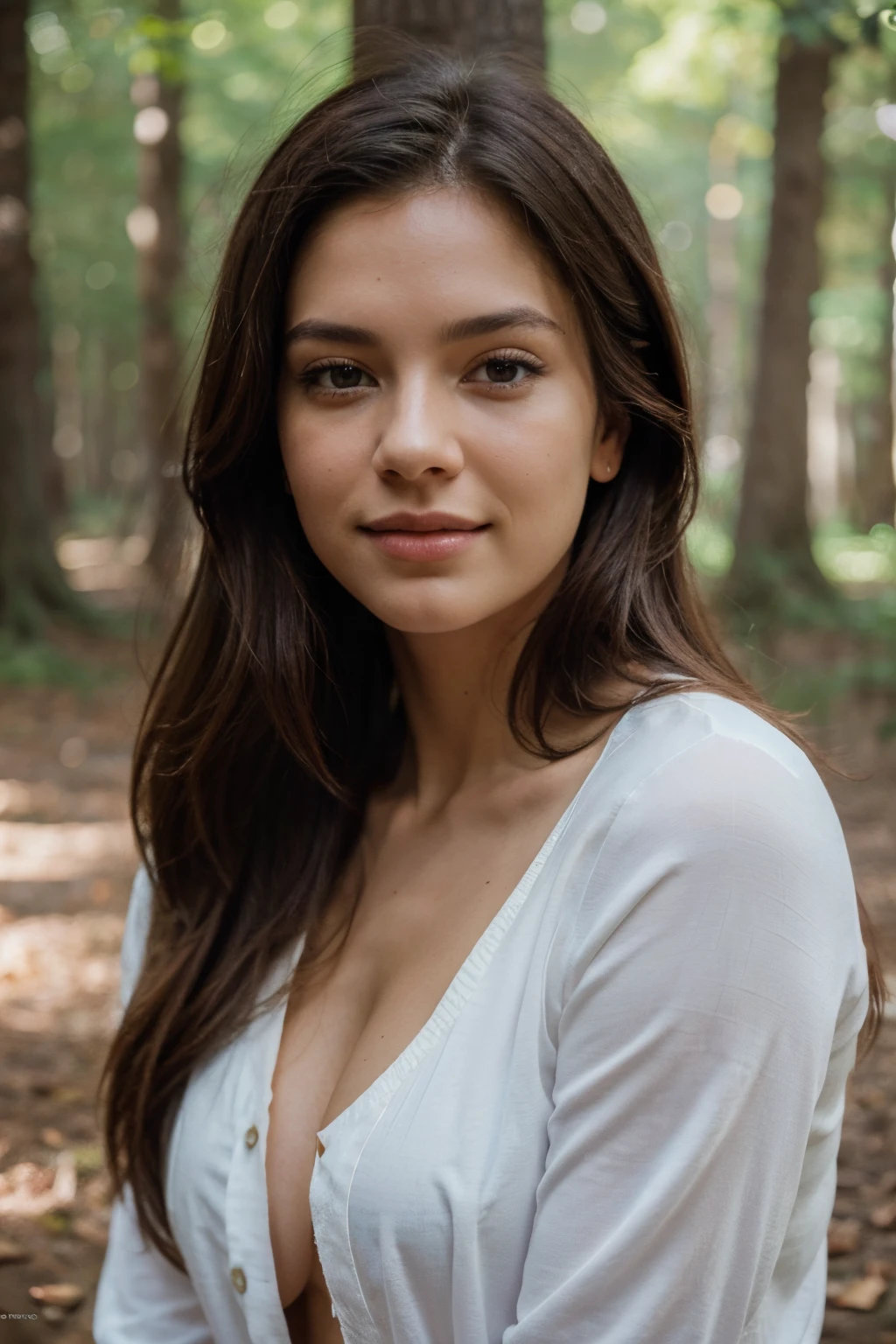 Mujer en el bosque, Cabello largo, Brazos a los lados, Parte superior del cuerpo,  camisa blanca, (open shirt:0.8), (expressive face:1.2), (sweet smile),  retrato, Closeup, Looking at camera, La mejor calidad, nikon d850, film stock, photograph 4 kodak 400 camera f1.6 lens, cinestill 800, (Lente de 100 mm),  rich colors ,hyper realistic, lifelike, texture, natural lighting, trending on artstation,