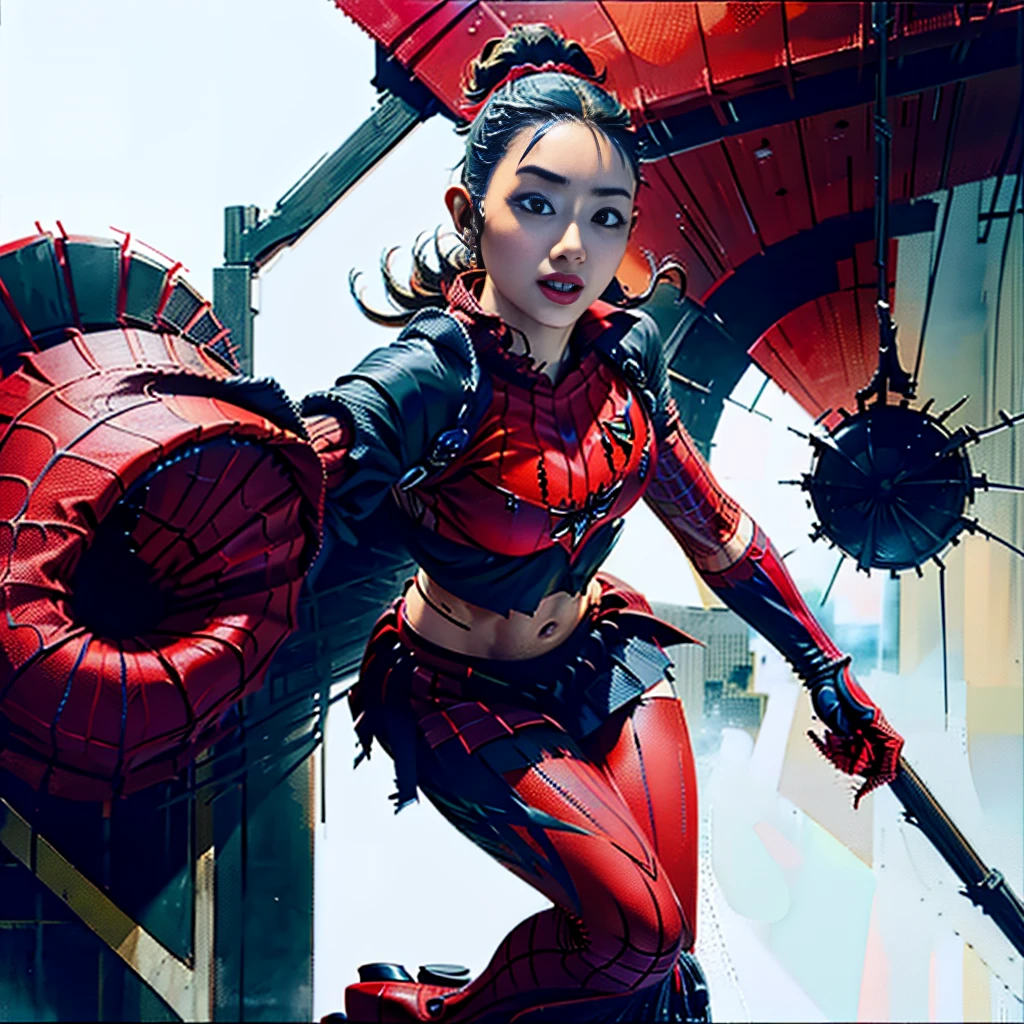 Sticking out the navel、newyork、She wears a torn Spider-Man suit,wearing skirt、 Red and black color scheme,Dynamic、masterpiece、top-quality、ultra-detailliert、ighly detailed、beautiful detailed brilliance、超A high resolution