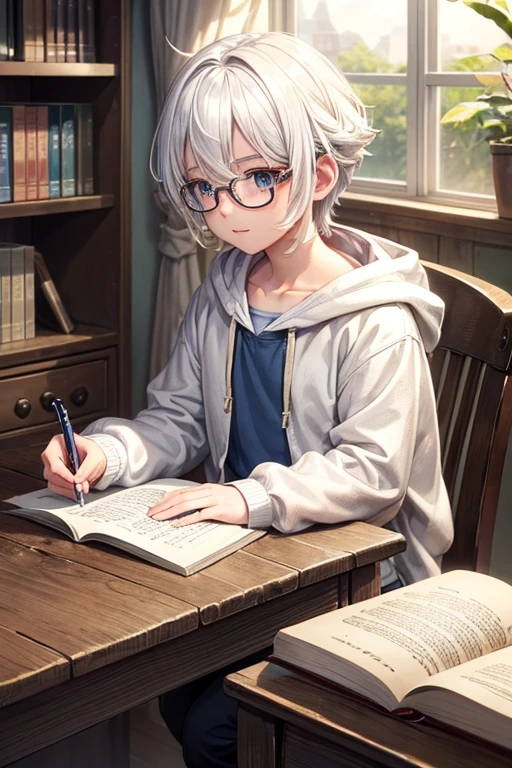 (child anime boy:1.1,white hair:1.2, white hoodie:1.2), scholar background, [vibrant colors], (highres:1.2), (photorealistic:1.37), detailed eyes, gentle smile, holding a book, surrounded by shelves of ancient books, reading glasses on the table, rays of sunlight through the window, warm and cozy atmosphere, soft lighting, traditional wooden desk and chair, vintage ink pen and parchment, a hint of nostalgia, calm and studious expression, a sense of knowledge and wisdom, serene and peaceful ambiance.