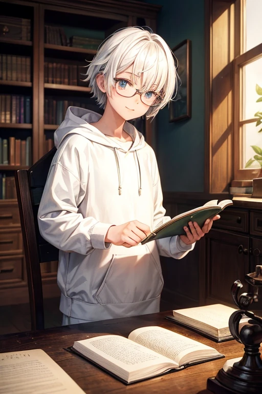 ( anime boy:1.1,white hair:1.2, white hoodie:1.2), scholar background, [vibrant colors], (highres:1.2), (photorealistic:1.37), detailed eyes, gentle smile, holding a book, surrounded by shelves of ancient books, reading glasses on the table, rays of sunlight through the window, warm and cozy atmosphere, soft lighting, traditional wooden desk and chair, vintage ink pen and parchment, a hint of nostalgia, calm and studious expression, a sense of knowledge and wisdom, serene and peaceful ambiance.