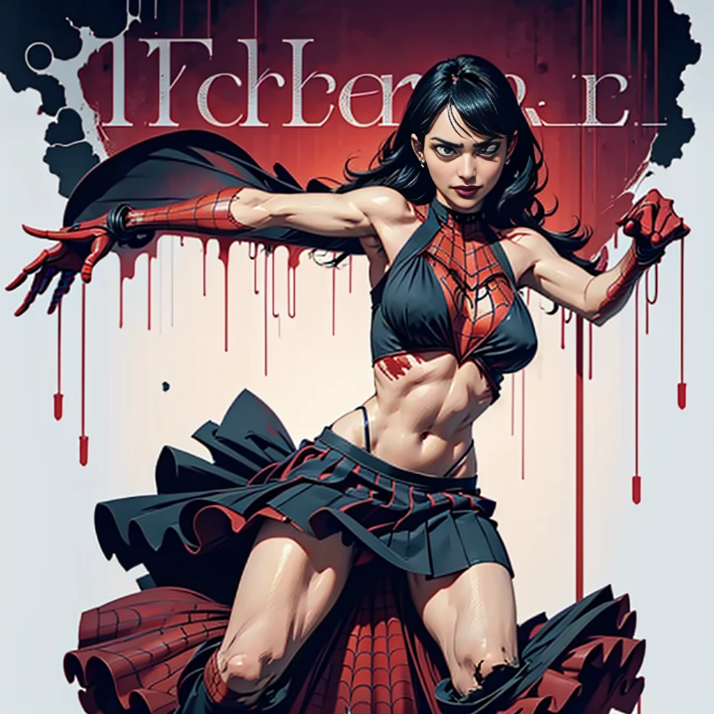 Sticking out the navel、newyork、She wears a torn Spider-Man suit,wearing skirt、 Red and black color scheme,Dynamic、masterpiece、top-quality、ultra-detailliert、ighly detailed、beautiful detailed brilliance、超A high resolution