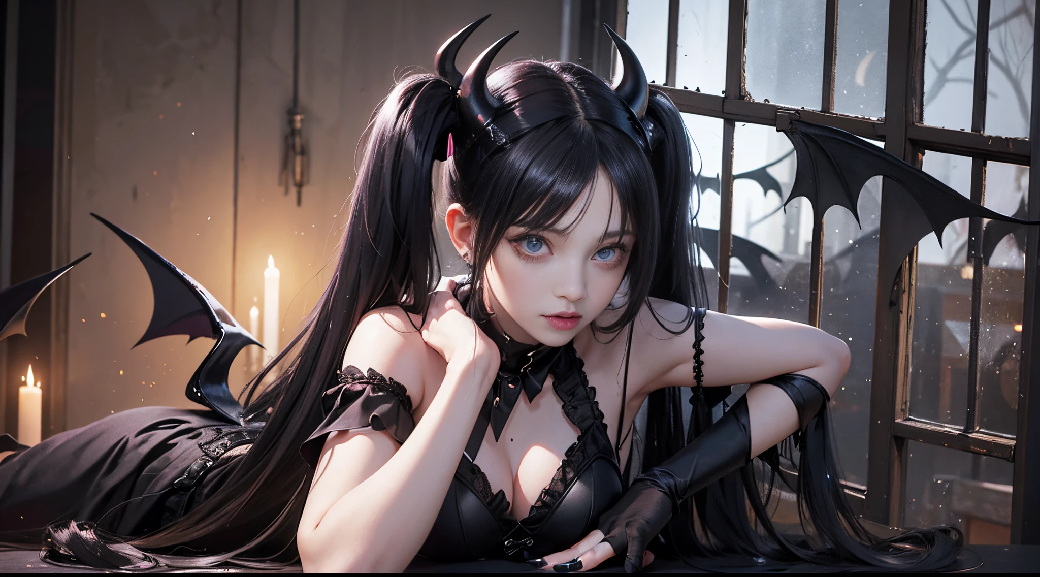 Succubus, 18 years old, fringe, pigtails, scissor hands, bat wings, two small horns on the head, gothic, extreme beauty, wide hip, full body, luminism, 300 DPI, 8K Ultra HD, realistic photo, dark, cute, kawai --auto --s2