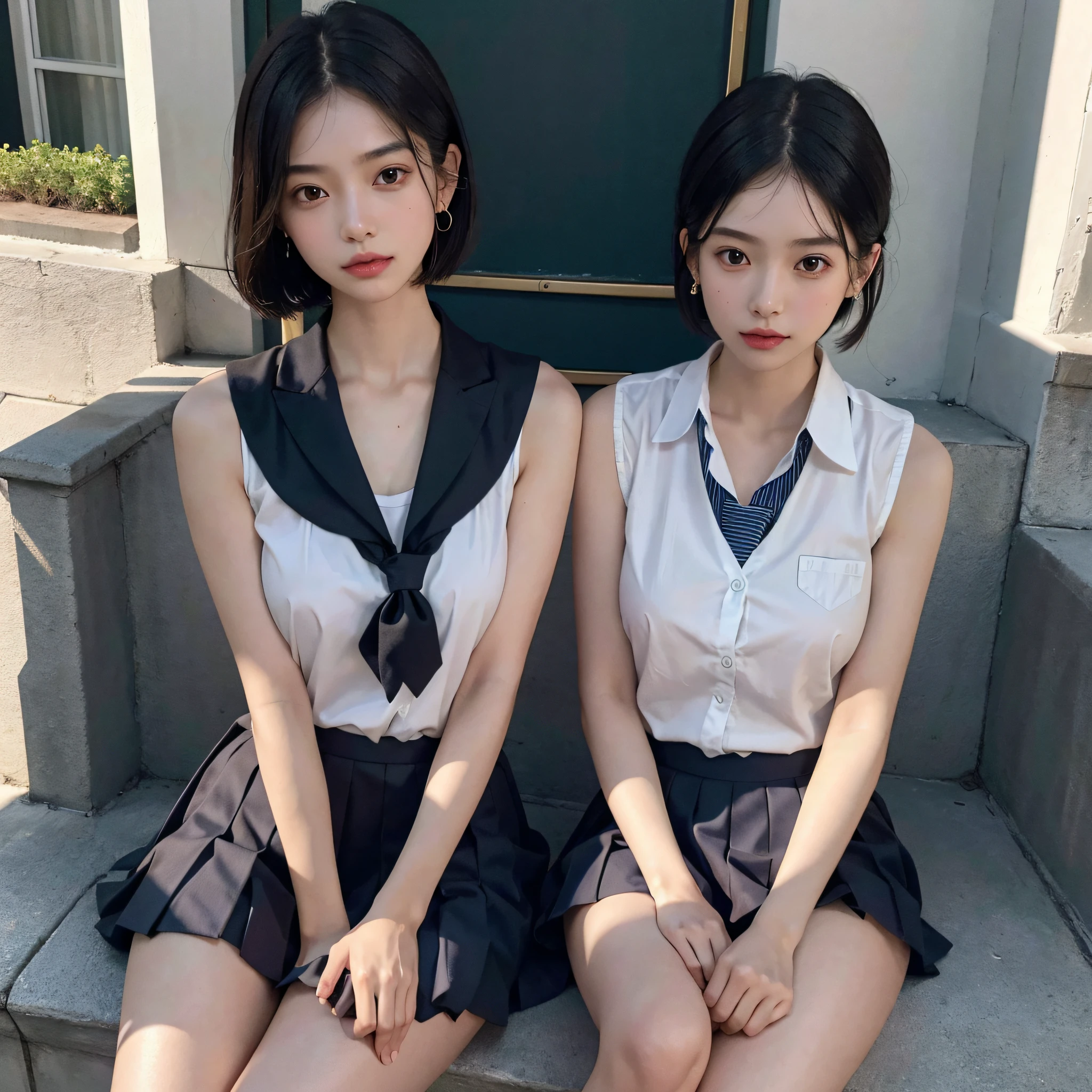 absurdres, RAW photo, extremely delicate and beautiful, masterpiece, Best Quality, ultra high resolution, 16k, hyperrealistic, ultra-detailed, (perfect ???????), super Detailed skin, perfect figure, Very detailed CG 8k wallpaper, in her 20s, very Slim body, narrow waist, very small head, very small face, delicate facial features, tearful mole, mole on chest, earring, thin legs, very huge round breasts, ((3 girls)), full body shot, short medium hair, ((school uniform)), sleeveless, outdoor,