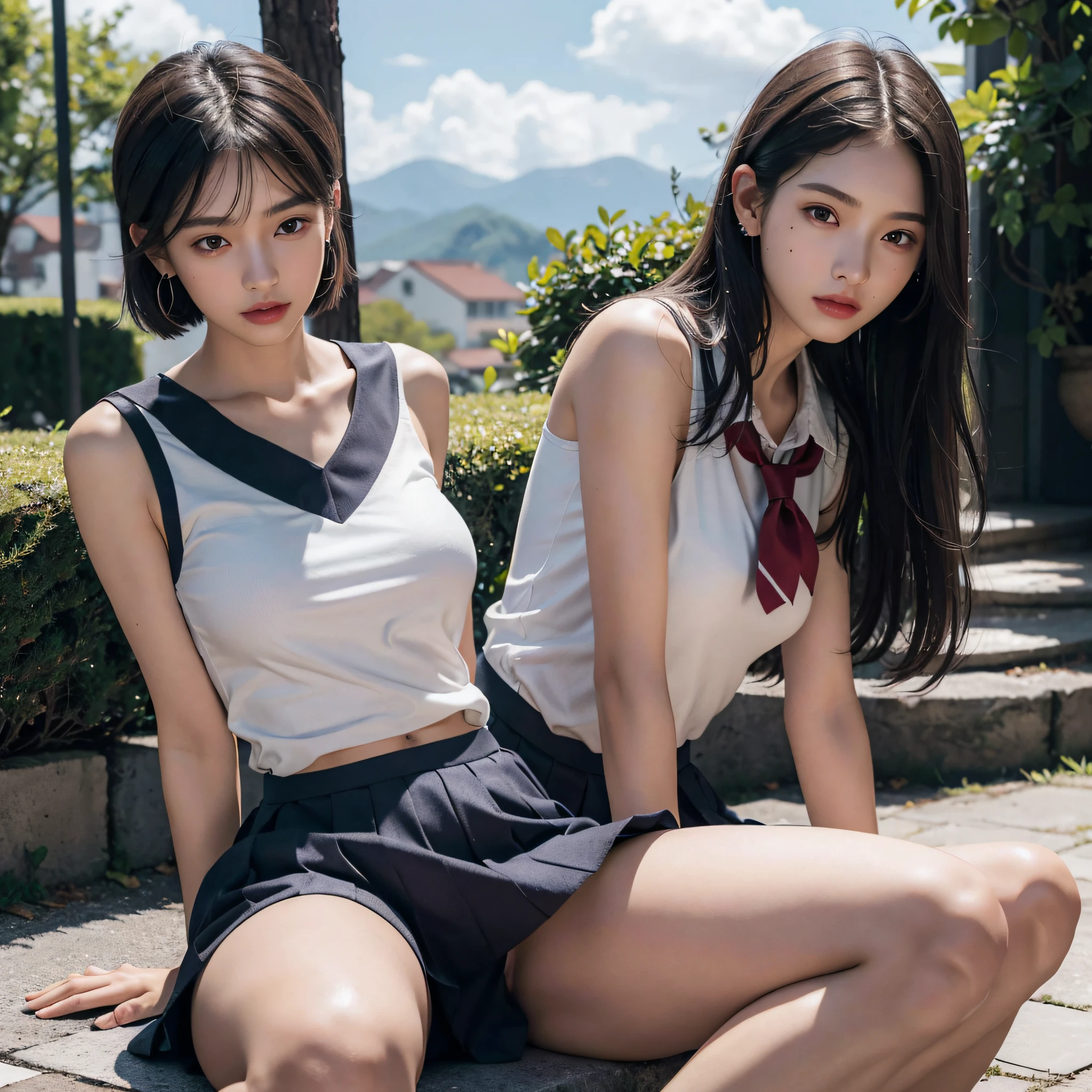 absurdres, RAW photo, extremely delicate and beautiful, masterpiece, Best Quality, ultra high resolution, 16k, hyperrealistic, ultra-detailed, (perfect anatomy), super Detailed skin, perfect figure, Very detailed CG 8k wallpaper, in her 20s, very Slim body, narrow waist, very small head, very small face, delicate facial features, tearful mole, mole on chest, earring, thin legs, very huge round breasts, ((3 girls)), full body shot, short medium hair, ((school uniform)), sleeveless, outdoor,