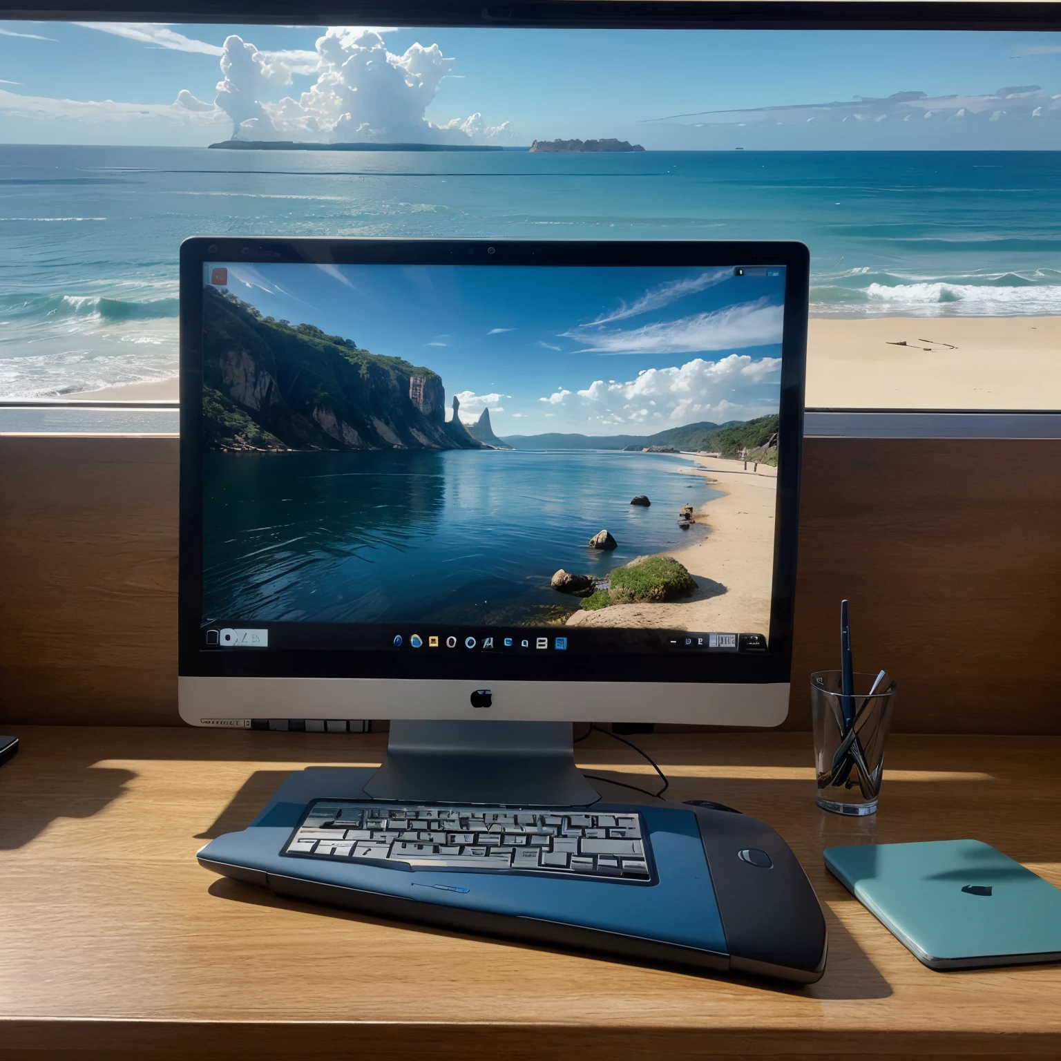 computador e um notebook estudando com a vista de frente para o mar ultra realista 4k