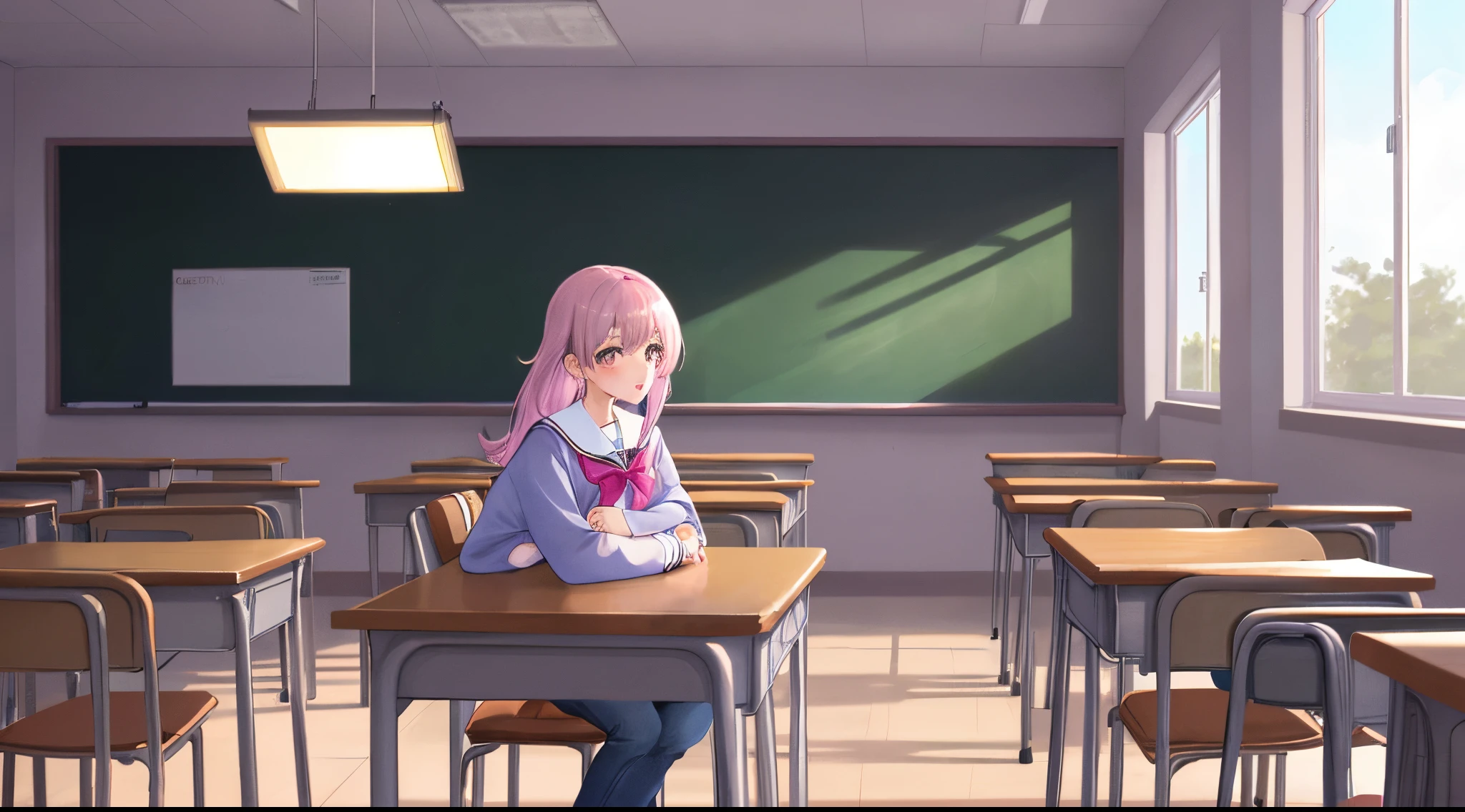 bangs, long hair, hair over eyes, pensive, side ponytail, anime style, UHD, masterpiece, textured skin, highres, best quality, A high school girl rests her chin on her desk while opening a notebook in the library, In the evening, the setting sun is shining through the window