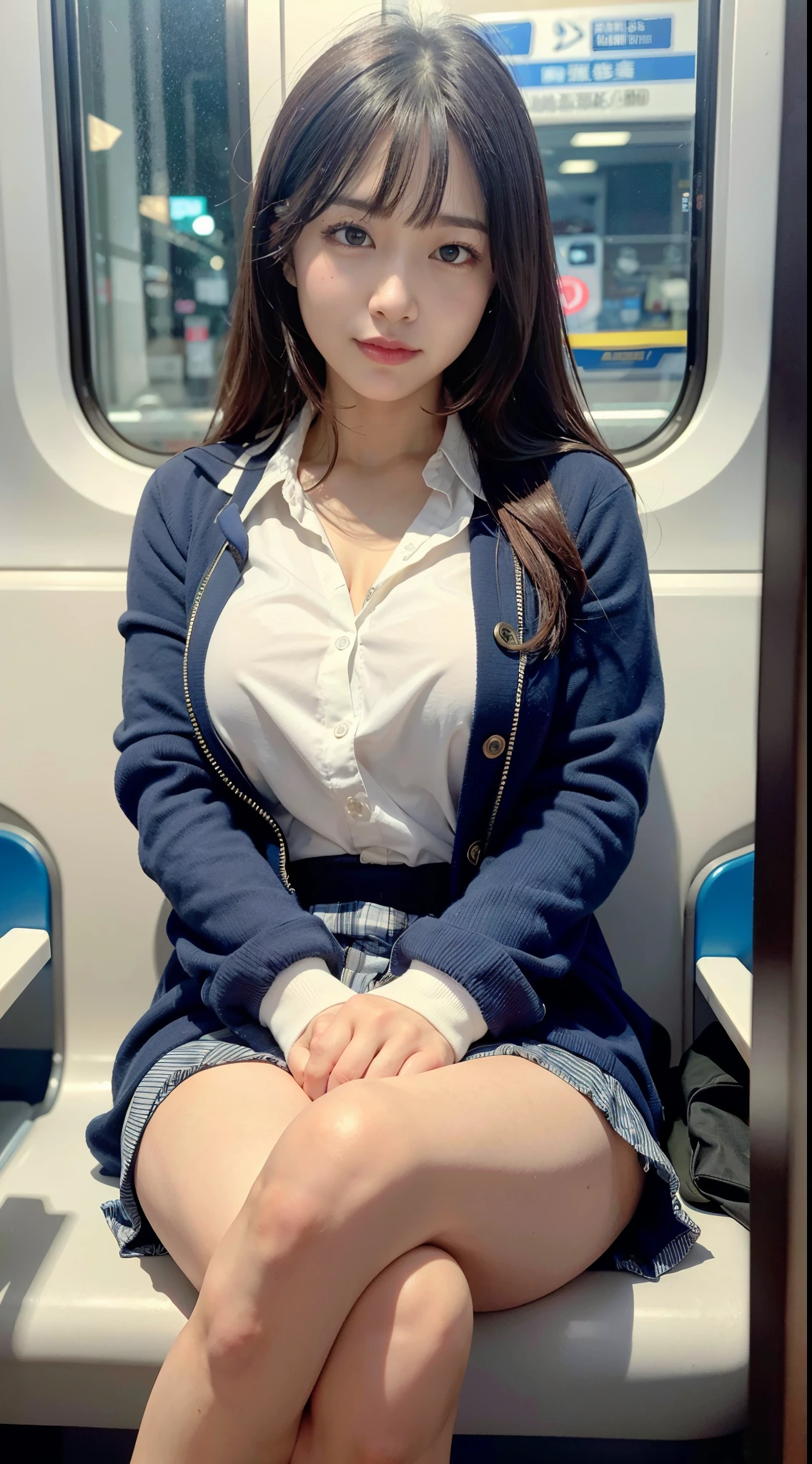 「(masutepiece, High quality, Ultra High Quality, 4K)A dark-haired、30 years old Japan girl、OL、Emphasis on the thighs、white thighhig,Soft thighs、Glossy thighs、Navy jacket:1.2、Sitting on the train at night、smil:1.3、The inside of the skirt is white panties:1.3、Opening legs:1.5、Face-to-face angle,(Angle from below),Sitting in a train seat,Sitting at the front,Zoom camera in the crotch,Feet are on the floor of the train,full body Esbian,Watching the viewer only」, Best Quality, Ultra high definition, (Photorealistic:1.4),, High resolution, detail, Raw photo, Sharp Re, Nikon D850 Film Stock Photo by Lee Jefferies 4 Kodak Portra 400 Camera F1.6 lens rich colors hyper realistic lively textures dramatic lighting unreal engine artstation trends cinestir 800,