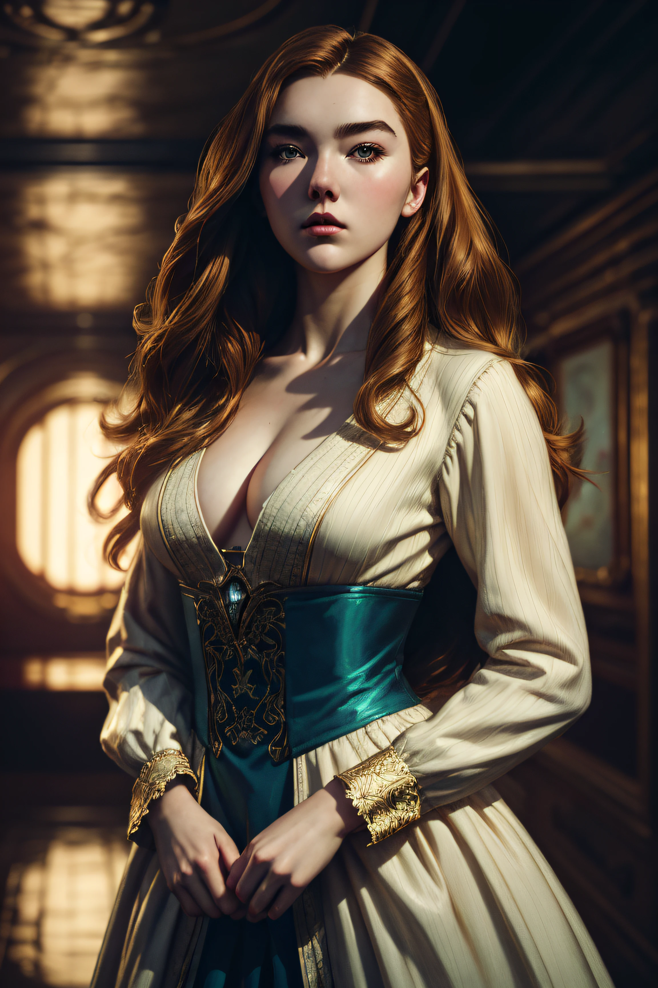 Florence Pugh, sexy clothes, stand on the ship, character portrait, 4 9 9 0 s, long hair, intricate, elegant, highly detailed, digital painting, artstation, concept art, smooth, sharp focus, illustration, art by wlop, charlie bowater and alexandra fomina