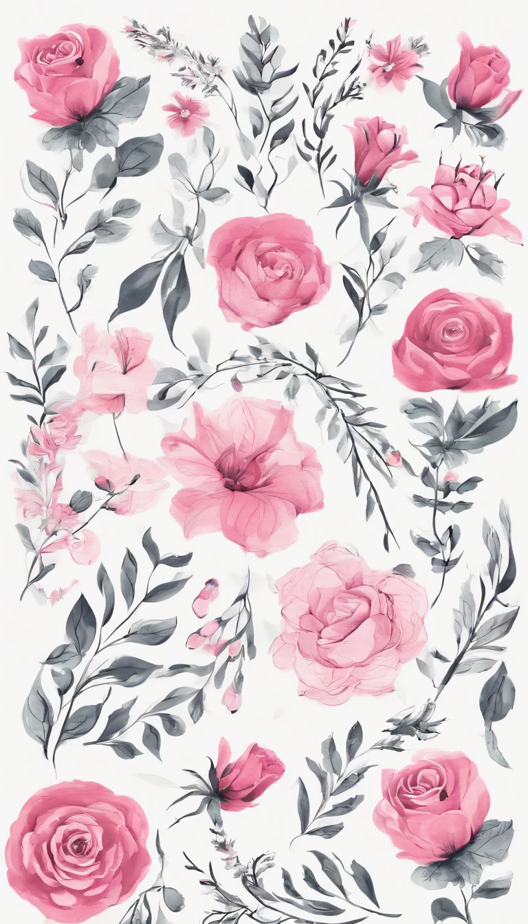 "Wreaths, floral frames, delicate watercolor flowers in shades of pink and vibrant roses, captivating illustration."