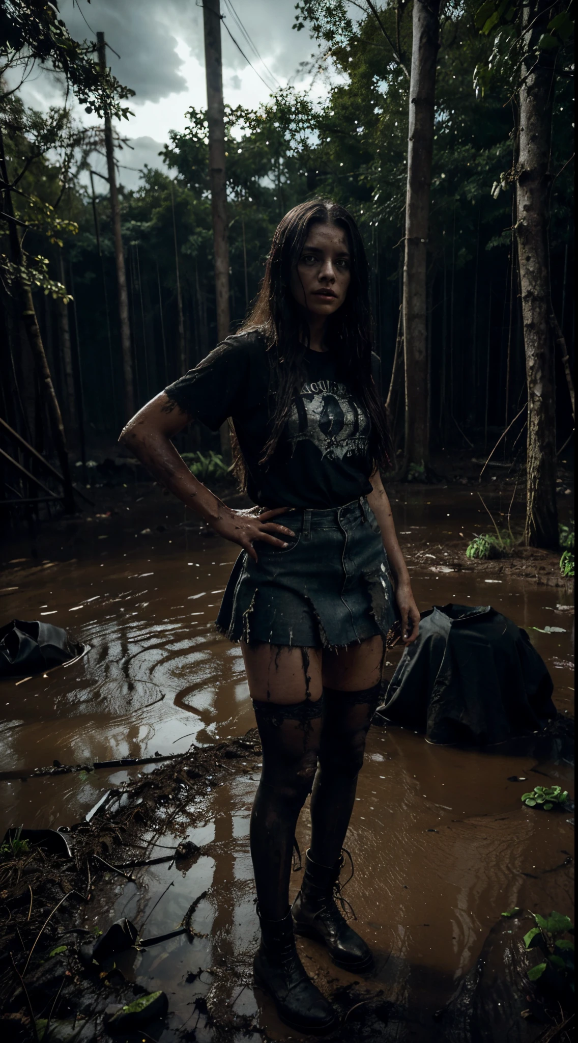 Black Sky, Sinister Night, Woman wrestling in the dark, At the bottom of a deep pit, drowning in a swamp. Standing in the mud. Danger. The surrounding forest is dense, Sinister and gloomy, Casting strange shadows on the ground. Impending Doom. luna, Hidden behind heavy black clouds,,,,,,,,,,,,, (Low Stage Lighting). The woman is emaciated, Her muscles cramped. her hair is messy, Her face and clothes are stained with mud. Her denim skirt, T-shirt and lace stockings, Stained with mud. She looks like a creature from a horror movie, She found herself trapped in a dark and hostile environment with no hope of escape. ecstasy