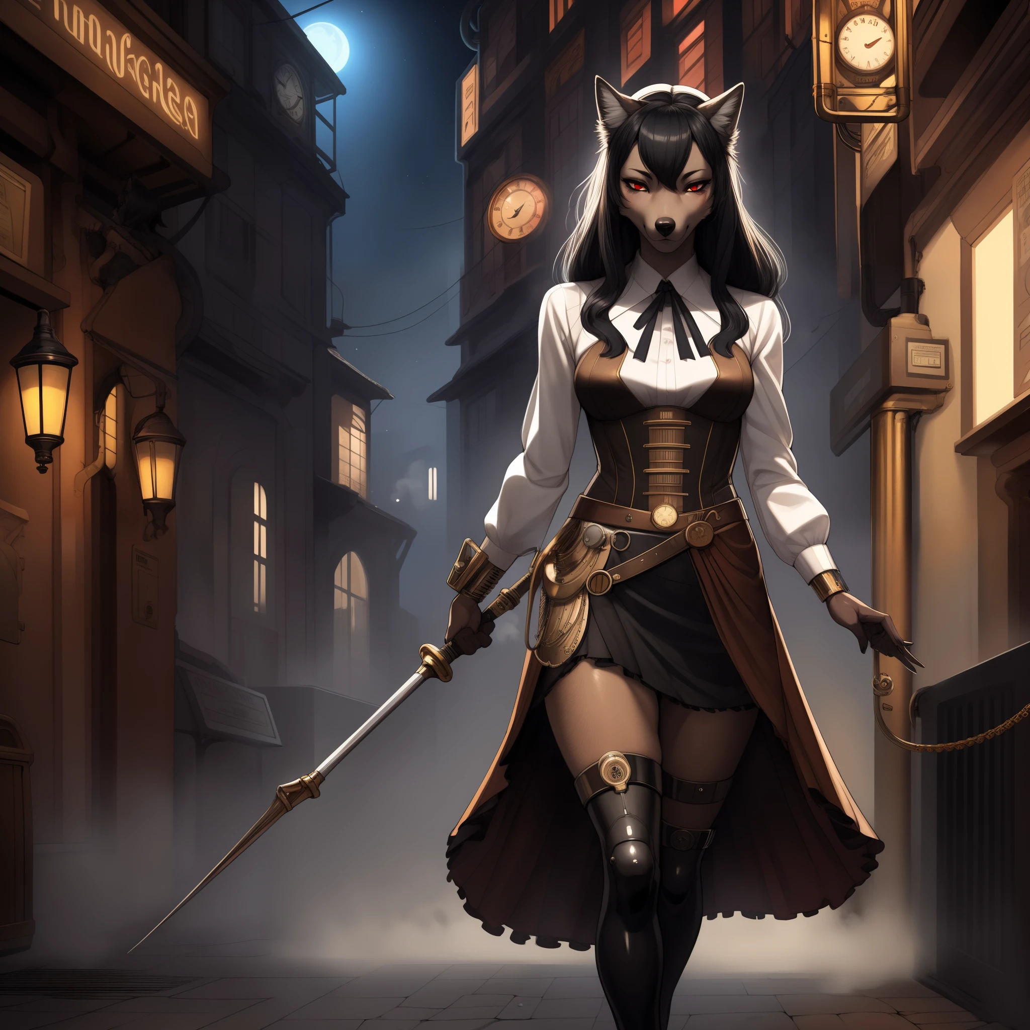 solo, Natasha, dark grey wolf, long flowy black hair, red eyes, wear long sleeve frilly white blouse with frills, elegant revealing flowy brown skirt with belts, walking menacingly towards viewer, holding a rapier, steam punk style rapier in hand, steampunk city, night time, by gudlmok99, realistic, close up, portrait, (mechanical steam punk left arm) absurd res