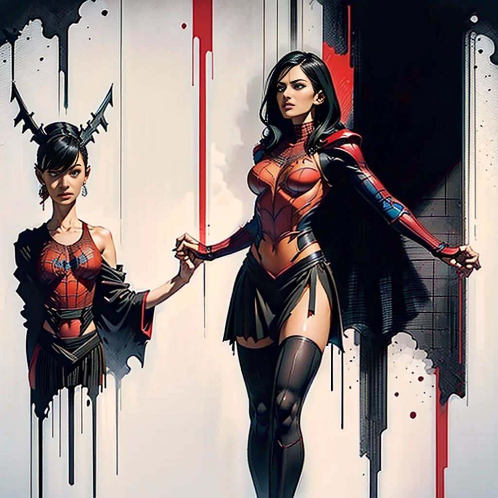Sticking out the navel、newyork、She wears a torn Spider-Man suit,wearing skirt、 Red and black color scheme,Dynamic、masterpiece、top-quality、ultra-detailliert、ighly detailed、beautiful detailed brilliance、超A high resolution
