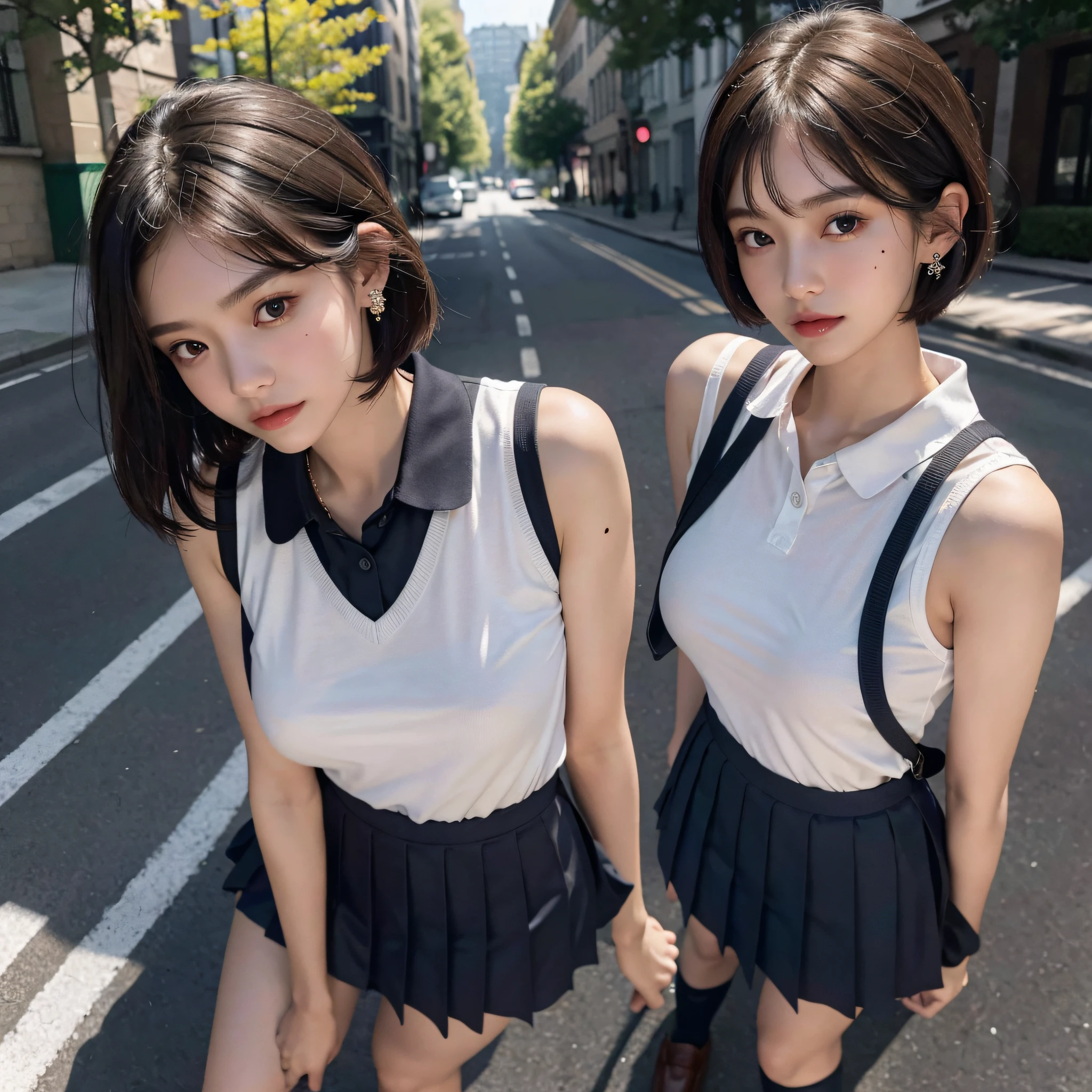 absurdres, RAW photo, extremely delicate and beautiful, masterpiece, Best Quality, ultra high resolution, 16k, hyperrealistic, ultra-detailed, (perfect anatomy), super Detailed skin, perfect figure, Very detailed CG 8k wallpaper, in her 20s, very Slim body, narrow waist, very small head, very small face, delicate facial features, tearful mole, mole on chest, earring, thin legs, (very huge round breasts), ((3 girls)), full body shot, short medium hair, (((school uniform))), sleeveless, outdoor, ((from behind)),