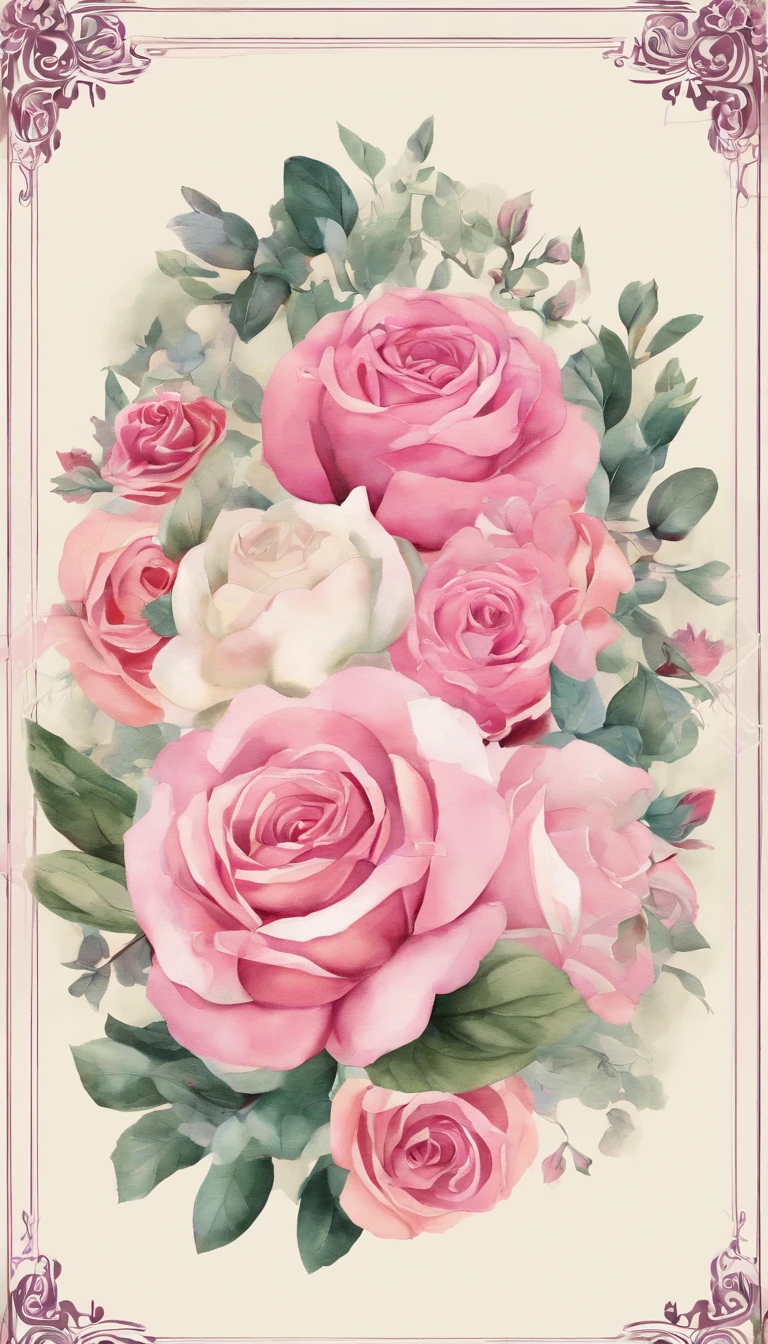 "Wreaths, floral frames, delicate watercolor flowers in shades of pink and vibrant roses, captivating illustration."