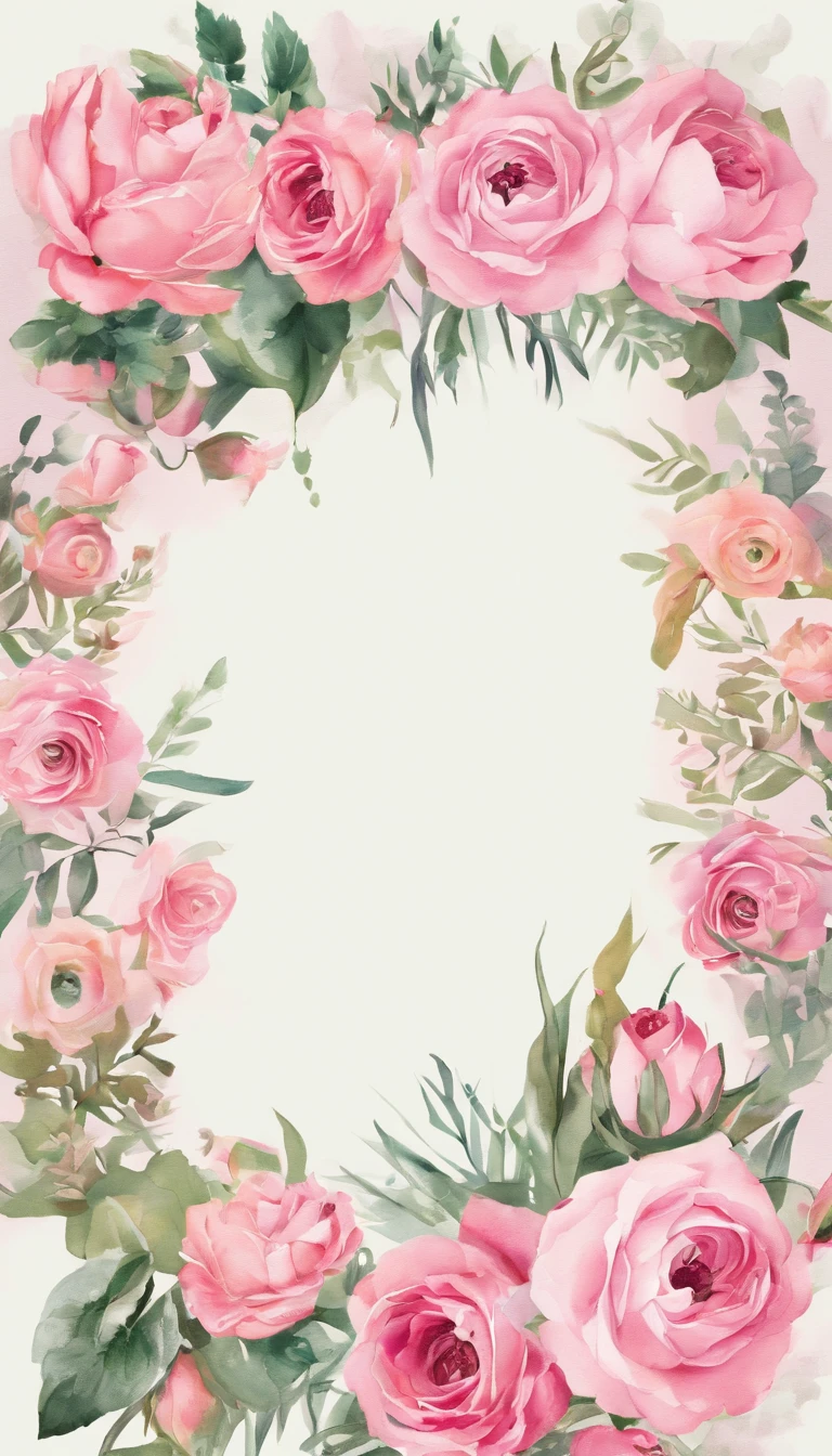 "Wreaths, floral frames, delicate watercolor flowers in shades of pink and vibrant roses, captivating illustration."