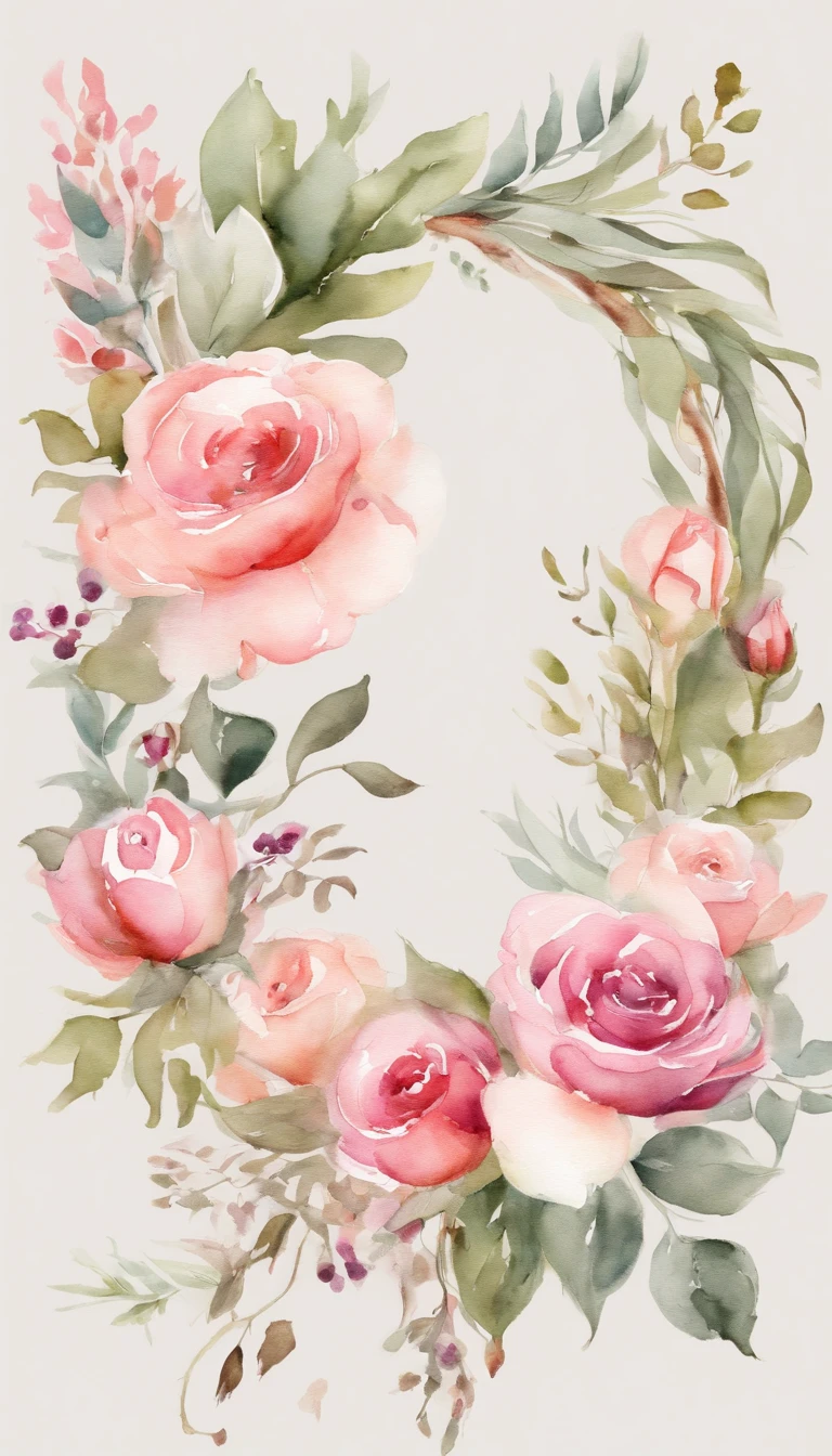 "Wreaths, floral frames, delicate watercolor flowers in shades of pink and vibrant roses, captivating illustration."