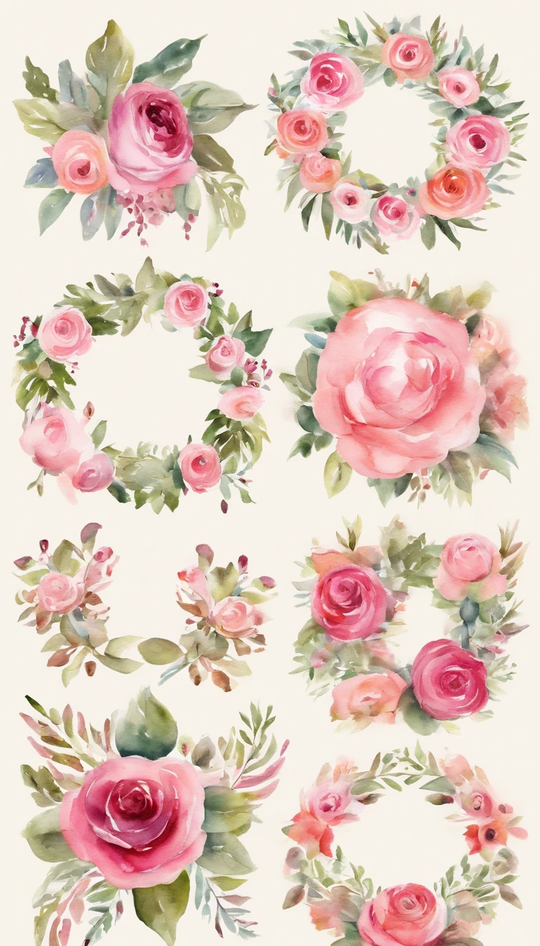 "Wreaths, floral frames, delicate watercolor flowers in shades of pink and vibrant roses, captivating illustration."