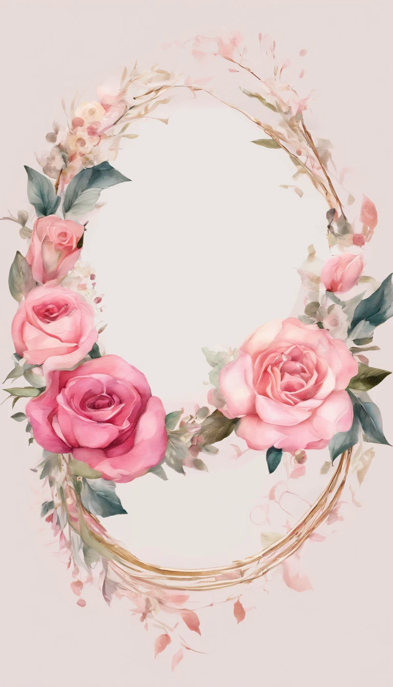"Wreaths, floral frames, delicate watercolor flowers in shades of pink and vibrant roses, captivating illustration."