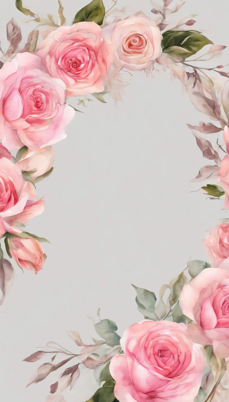 "Wreaths, floral frames, delicate watercolor flowers in shades of pink and vibrant roses, captivating illustration."