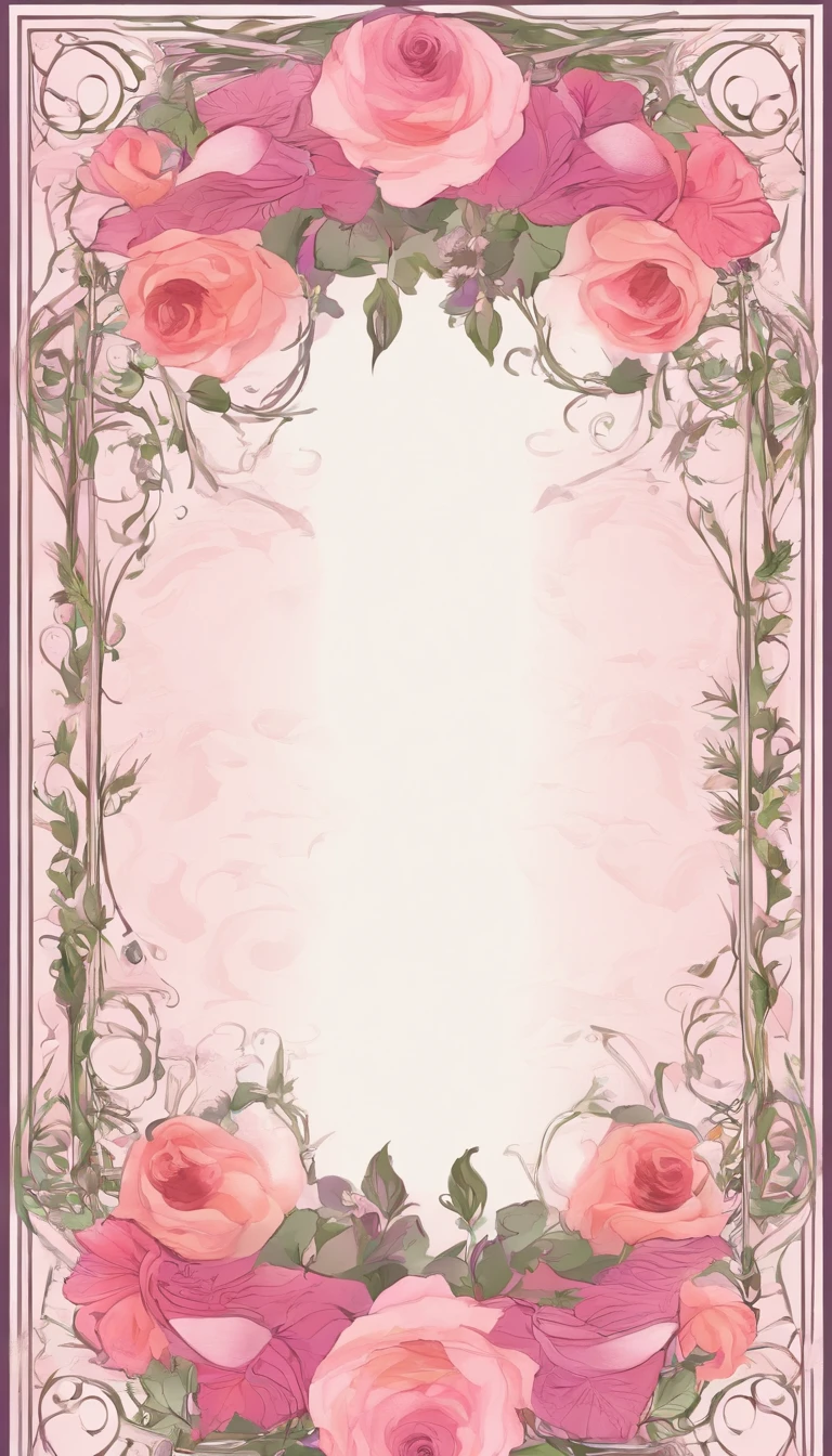 "Wreaths, floral frames, delicate watercolor flowers in shades of pink and vibrant roses, captivating illustration."