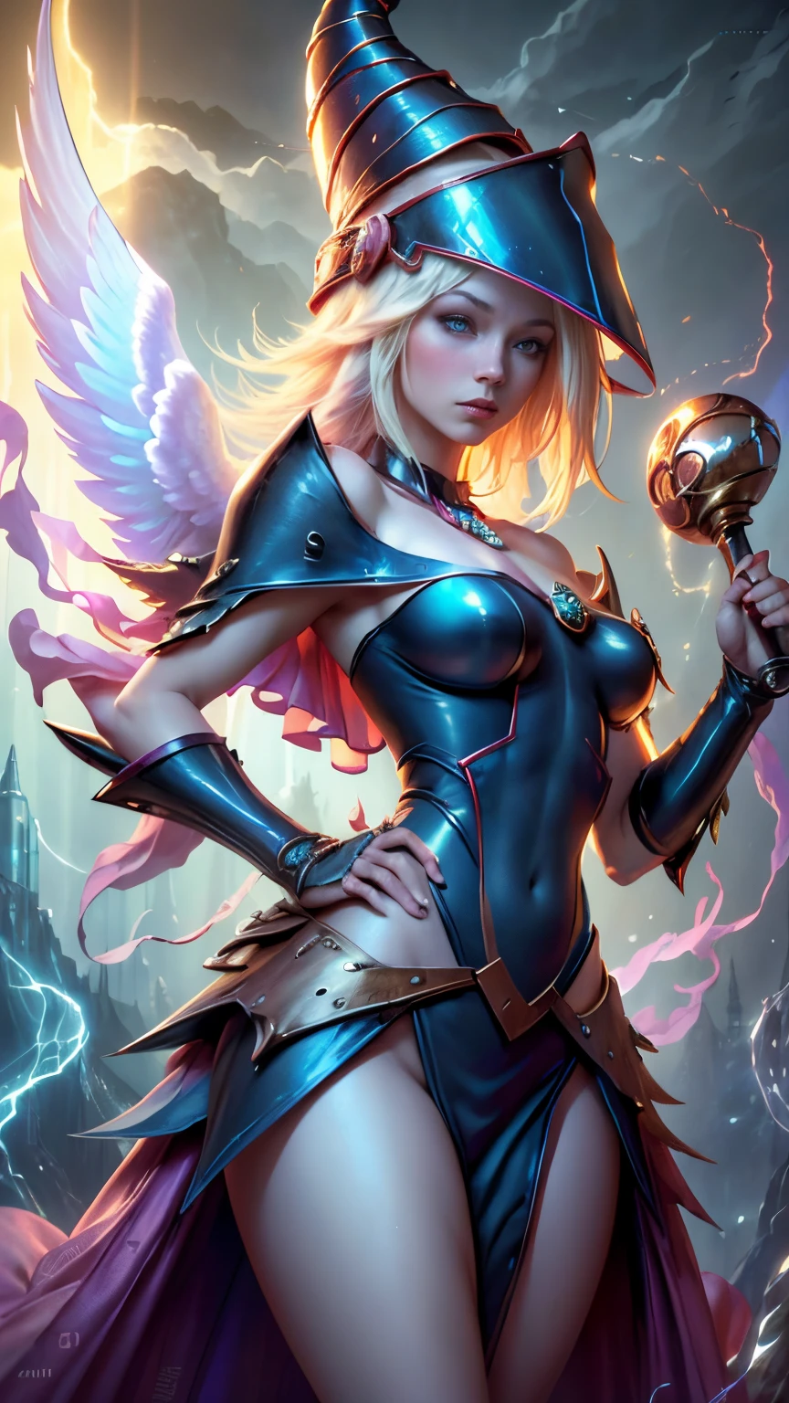 Kinematic,The photorealistic dark wizard gils as an albino angel,colores vibrantes,fantasy,warm hue,surrealista,Photorealistic masterpiece with 8k resolution by Aaron Horkey and Jeremy Mann,Professional Photography,Volumetric Lighting Maximalist Photoillustration by Marton Bobzert,Intricately detailed 8K resolution concept art,complejo,elegante,expansivo,fantastical,Mythical Clouds